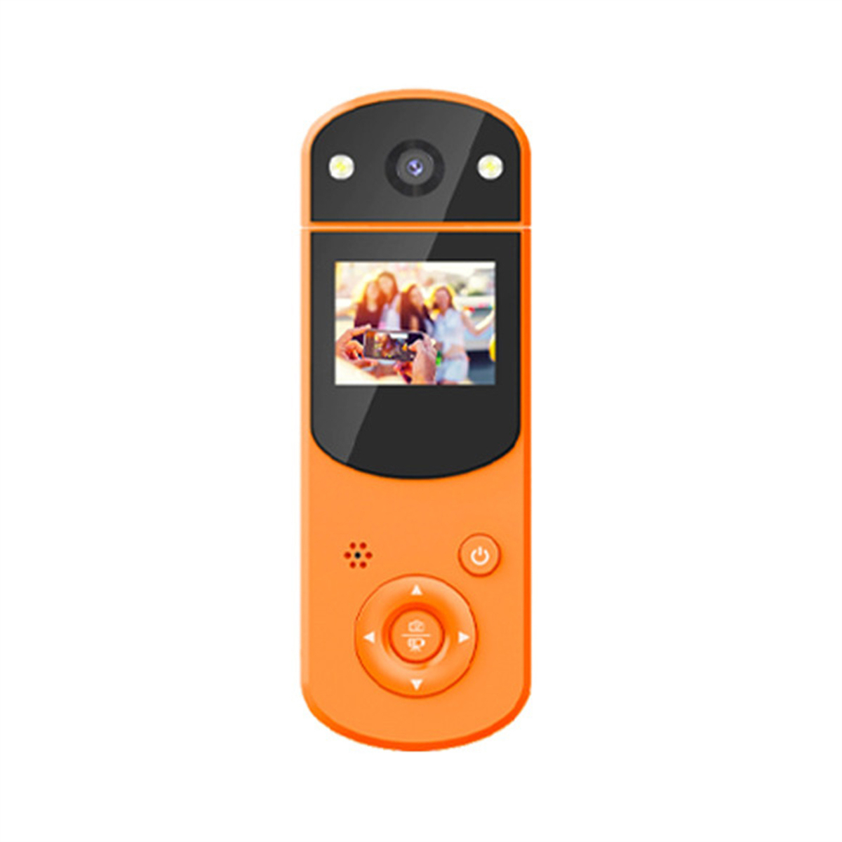 Orange Action-Kamera mit Bildschirm, der Personen, Tasten und eine Linse zeigt.