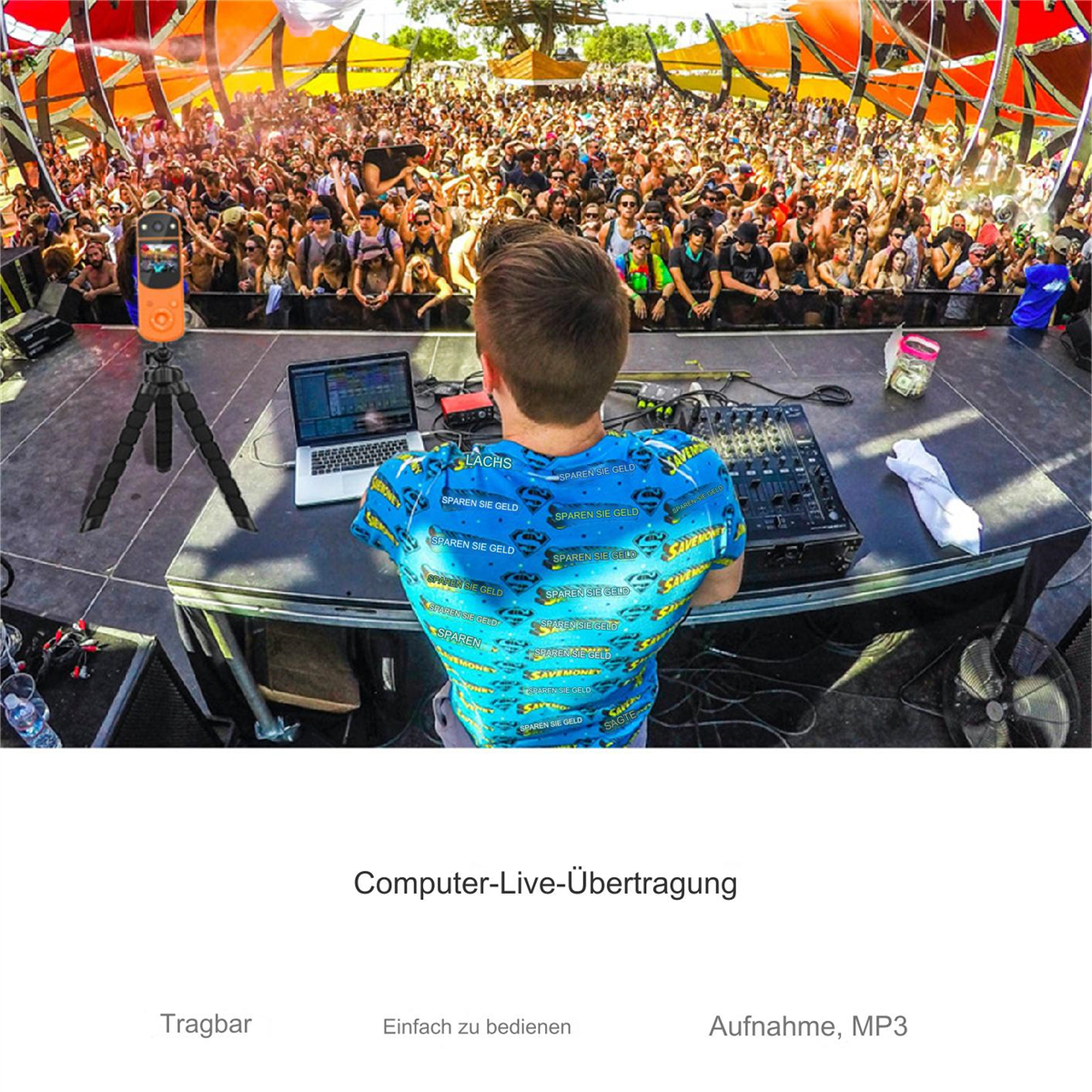 DJ bei einer Live-Veranstaltung mit Publikum. Laptop und Soundmixer vorne. Der Text 'Computer-Live-Übertragung'.
