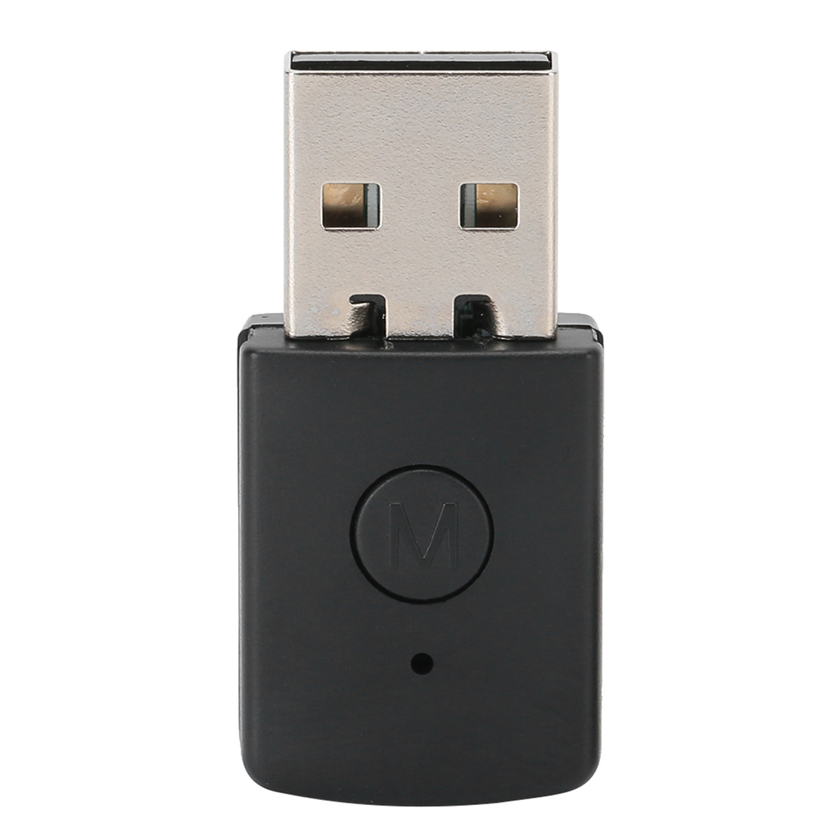 Schwarzer USB-Adapter mit USB-Anschluss und einem Knopf mit der Aufschrift 'M'.