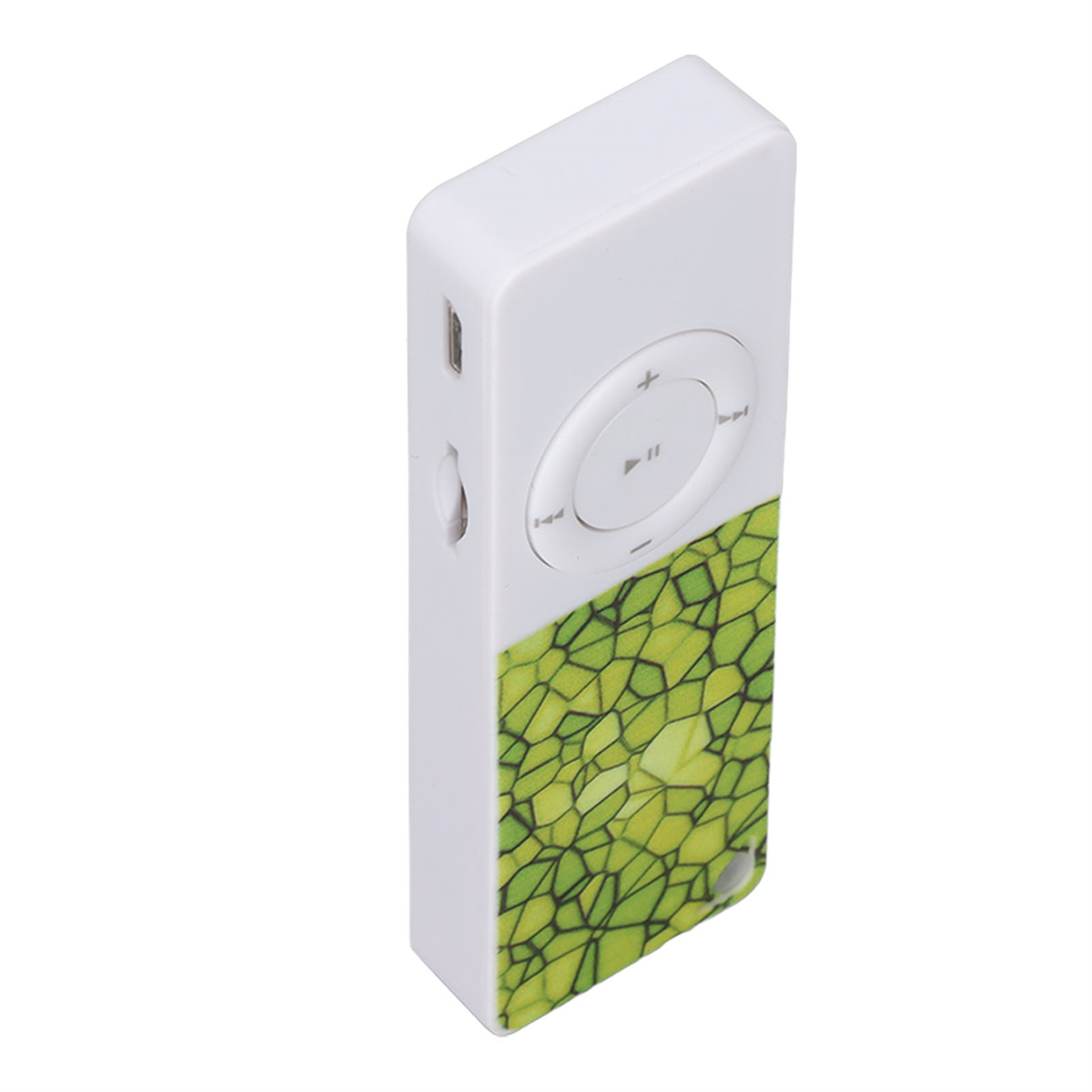 Weißer MP3-Player mit grüner gemusterter Seite und Steuertasten.