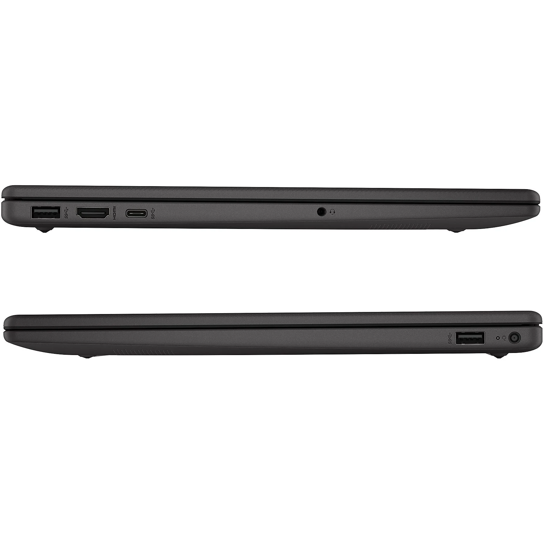 Ein schwarzer Laptop mit zwei Ansichten, die Anschlüsse und Seitendetails zeigen.