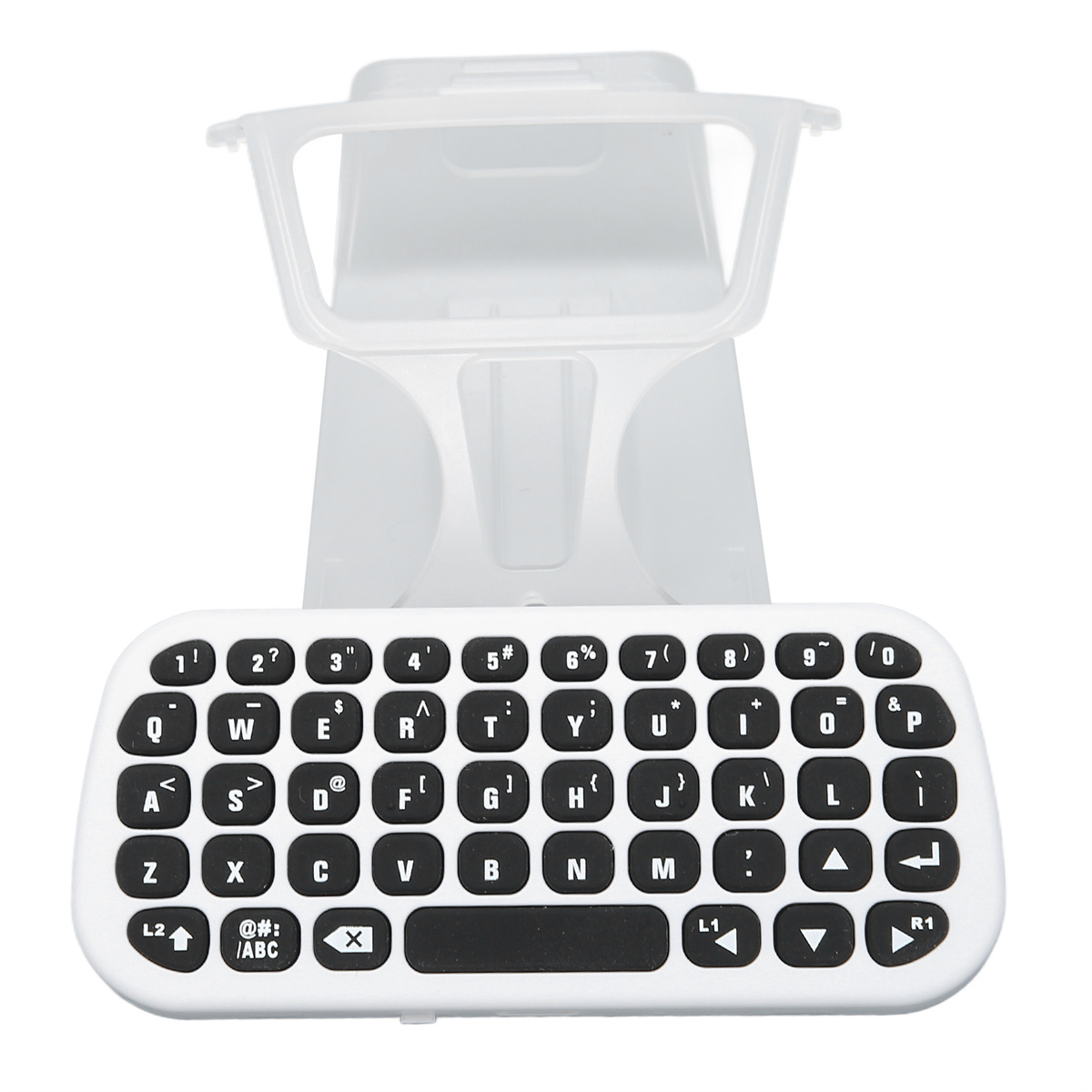 Weiße Tastatur mit Tasten und Ständer, schwarze Tasten und ein transparenter Ständer.