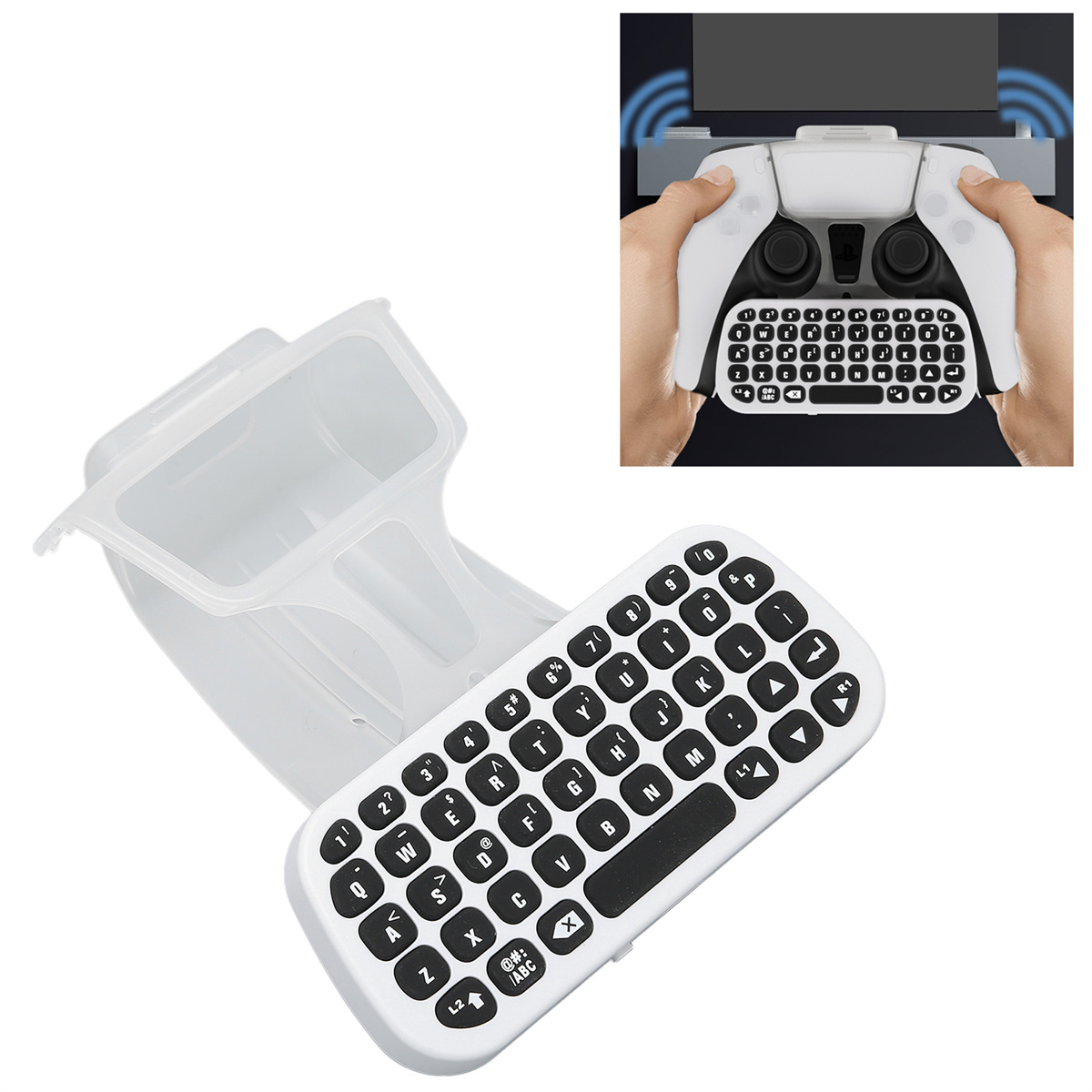 Weiße Tastatur mit schwarzen Tasten und eine Aufbewahrungsbox neben einem weißen Controller.
