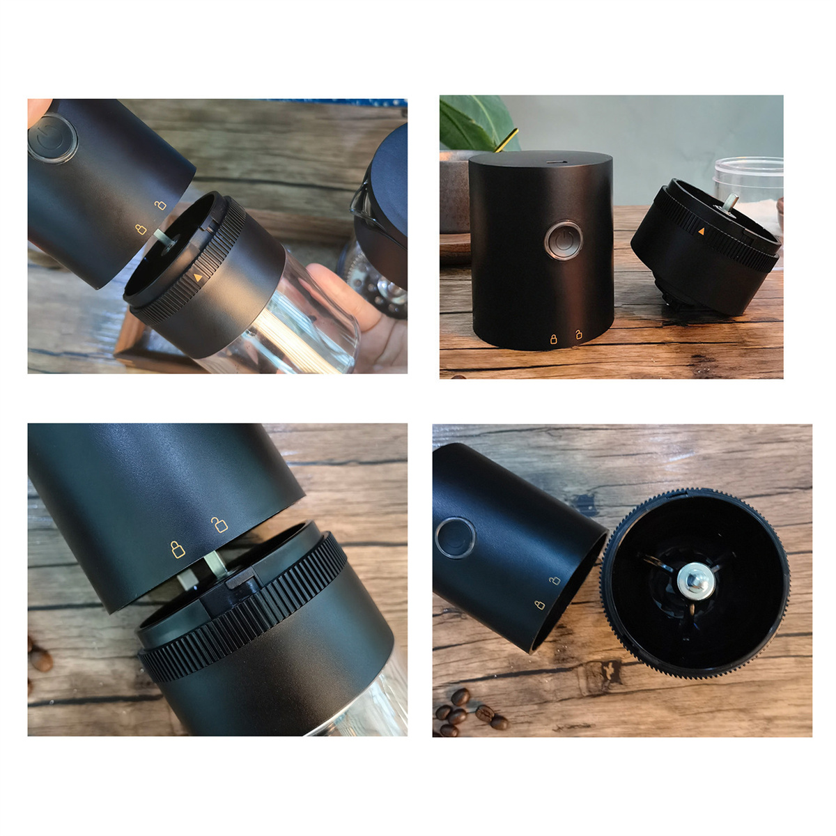 Vier Bilder, die die Demontage und Teile einer schwarzen Pfeffermühle zeigen.