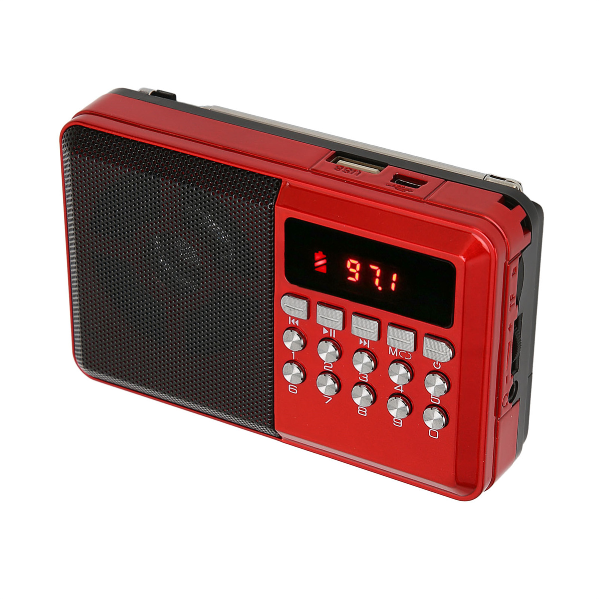 Ein rotes tragbares Radio mit einem schwarzen Lautsprecher. Es hat Knöpfe und ein digitales Display mit der Radiofrequenz.