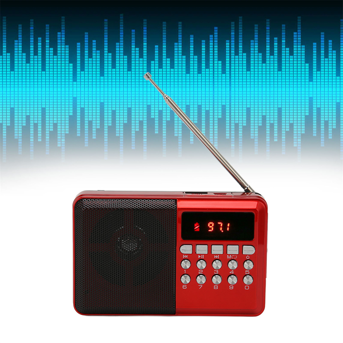 Ein rotes Radio mit Digitalanzeige und Antenne, vor blauem Hintergrund.