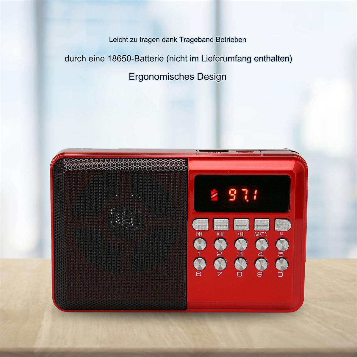 Rotes Retro-Radio mit Knöpfen und Display, vor verschwommenem Fensterhintergrund.