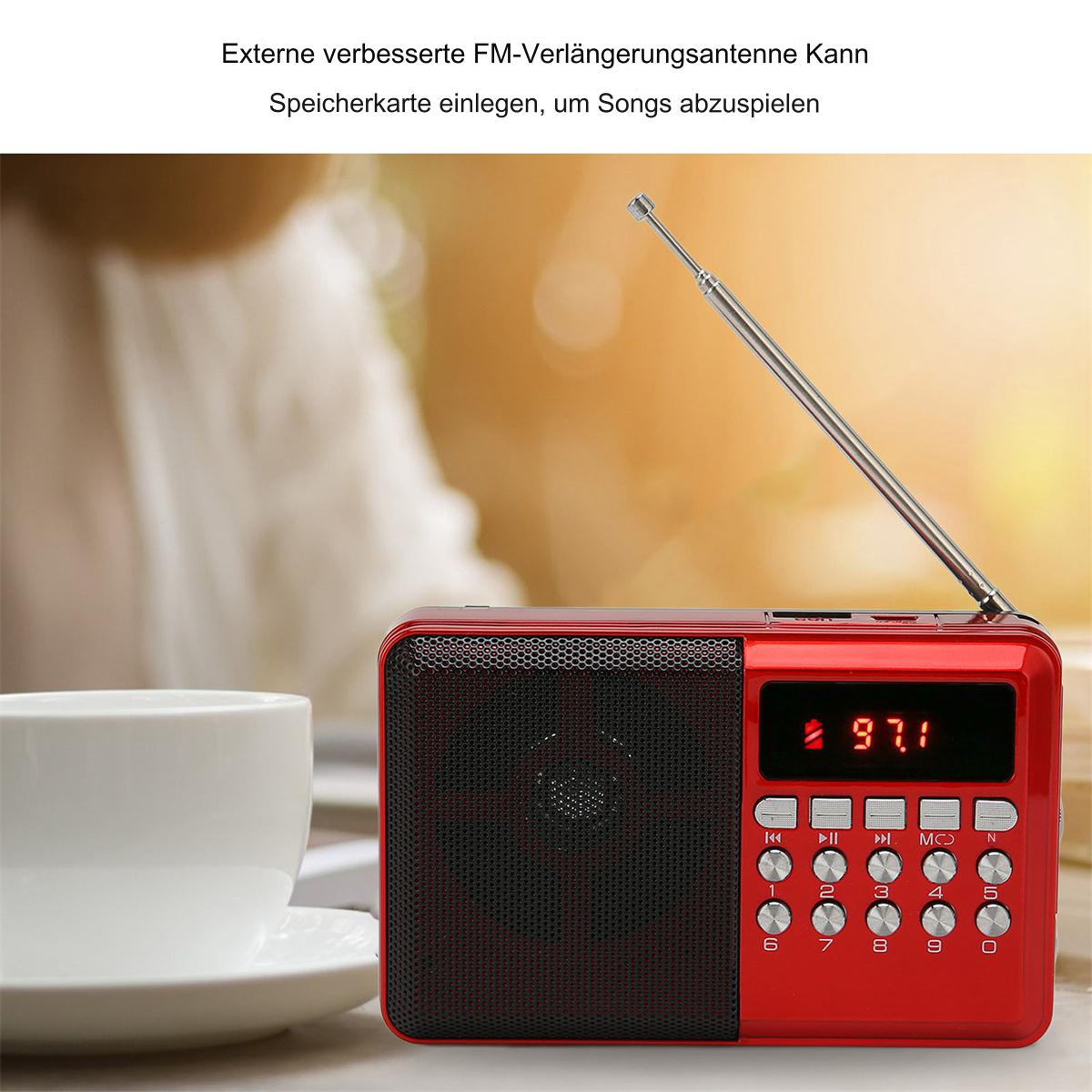 Rotes tragbares Radio mit Bildschirm und Antenne.