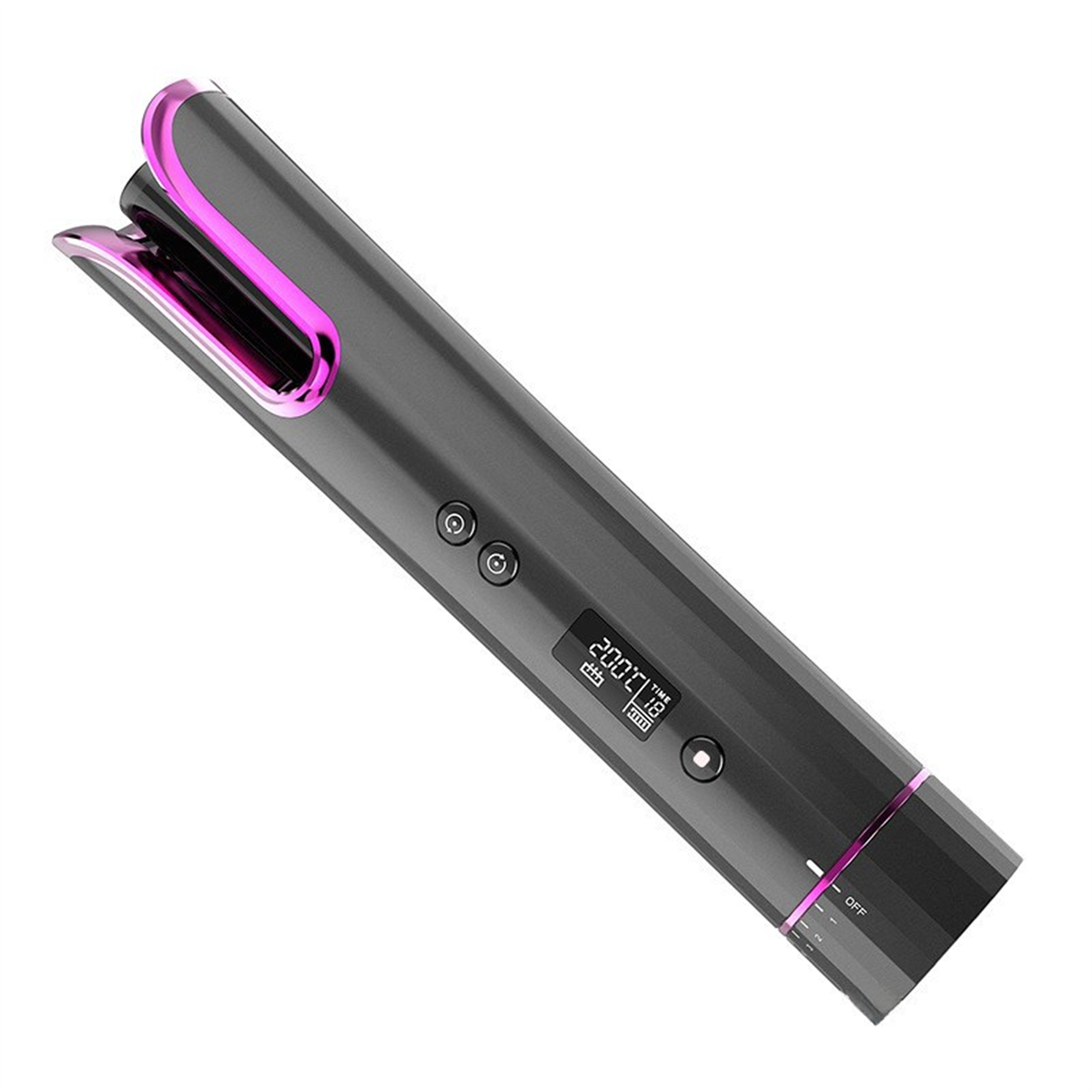 Grauer Lockenstab mit rosa Akzenten, LCD-Bildschirm und Ein-/Aus- und Temperaturtasten. Schräge Ansicht.