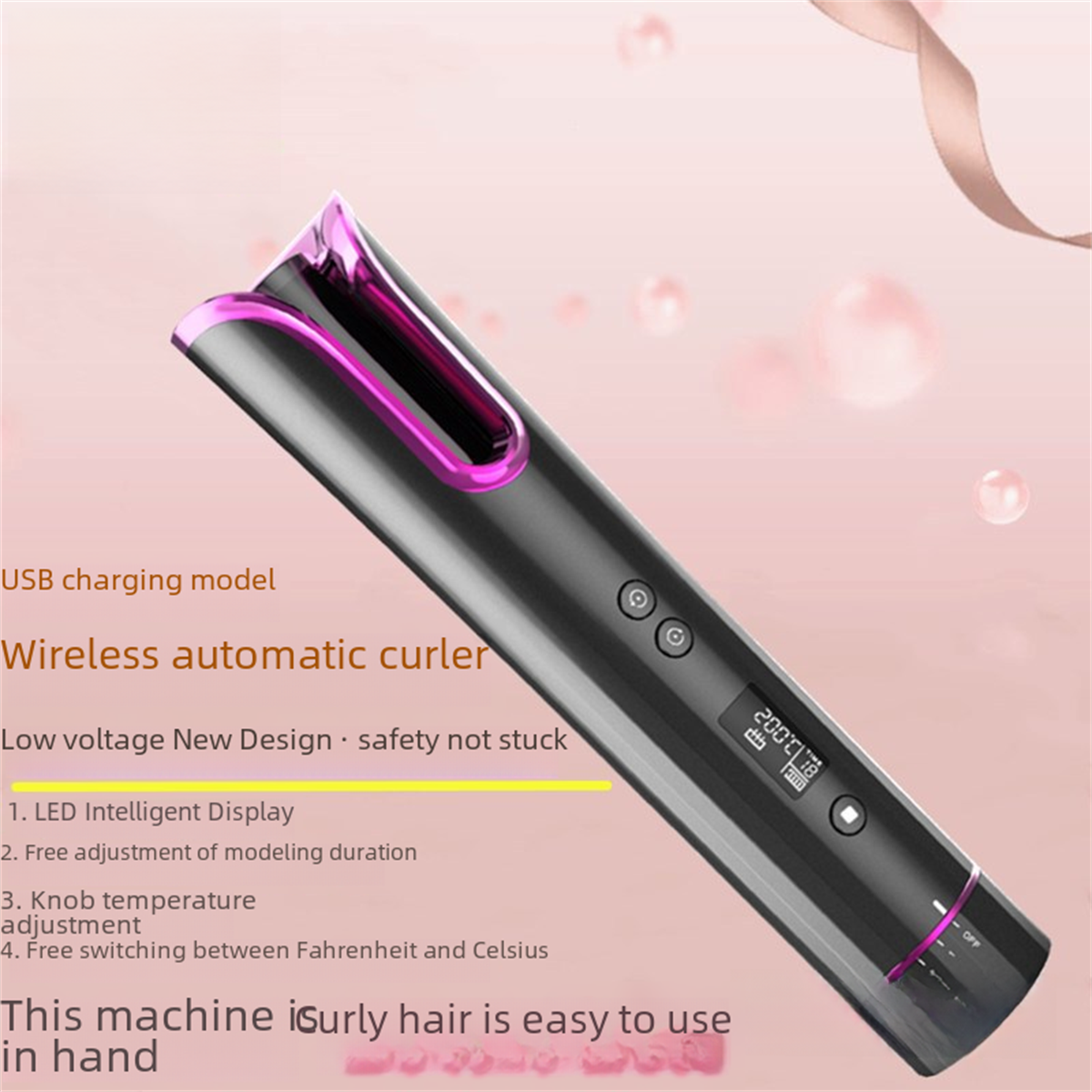 Ein schwarzer und lila automatischer Haarroller mit Digitalanzeige und Knöpfen. Text auf dem Bild.
