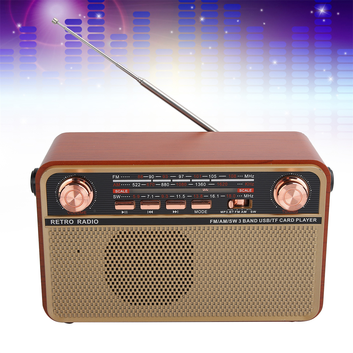 Retro-Radio mit Holzoberfläche. Es gibt eine Antenne, Drehregler und Knöpfe. Der Hintergrund ist eine Grafik.