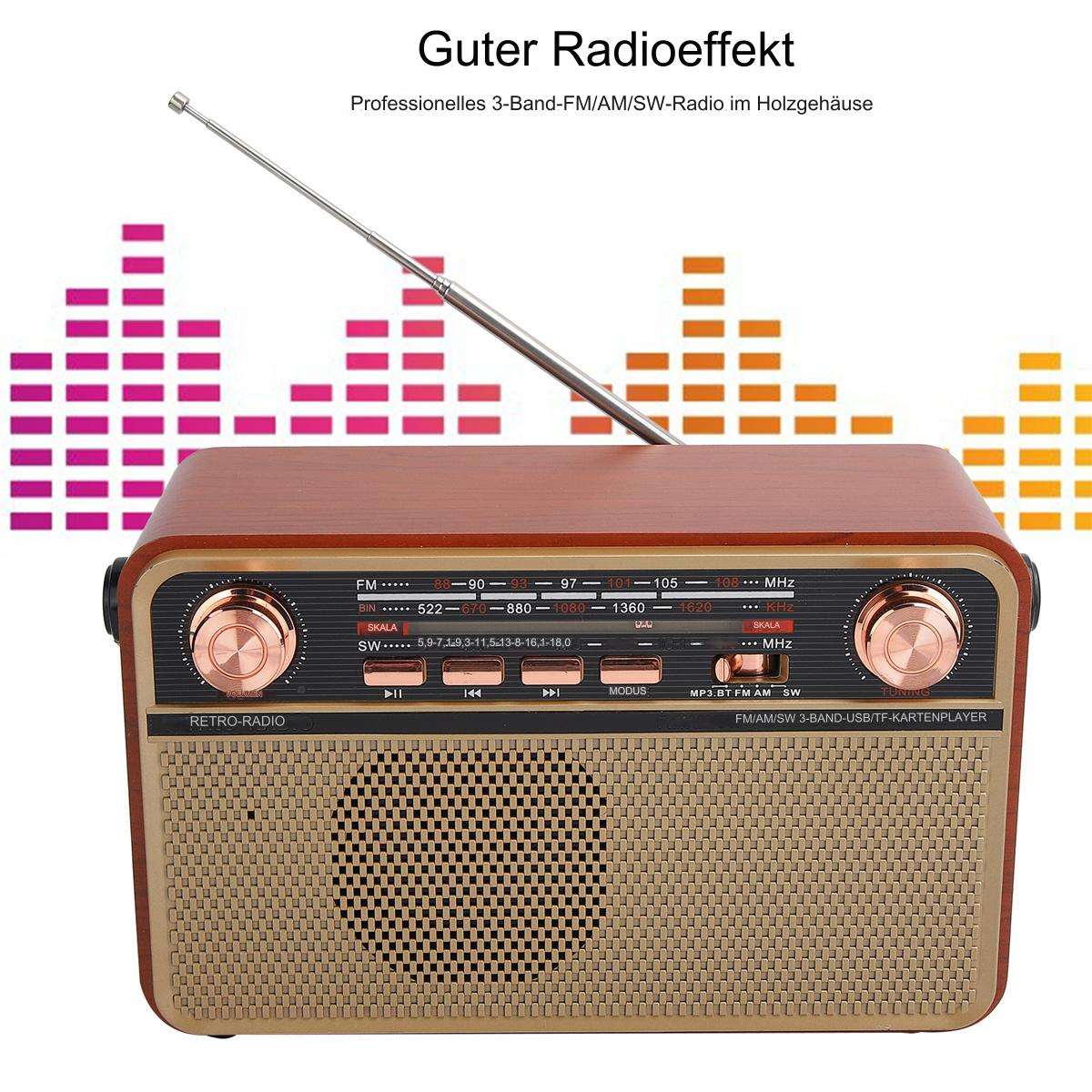 Ein Radio im Retro-Stil mit Holzgehäuse und Lautsprecher. Es hat verschiedene Bedienelemente und eine Antenne.