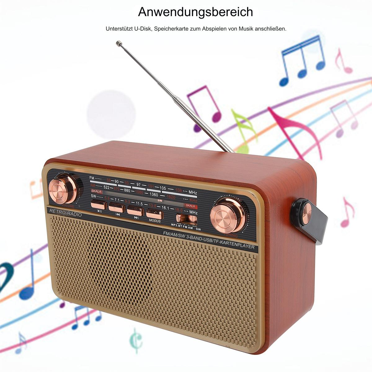 Retro-Radio aus Holz mit Antenne, Knöpfen und Lautsprecher, umgeben von Noten.