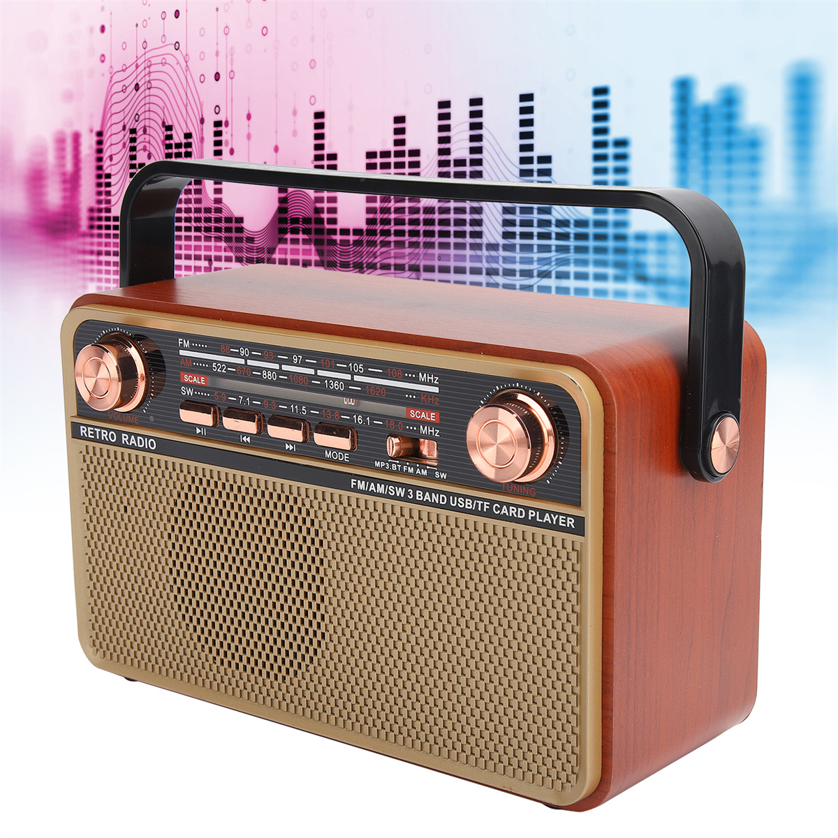 Ein Retro-Holzradio mit Drehknebeln und einem Griff steht auf weißem Hintergrund.
