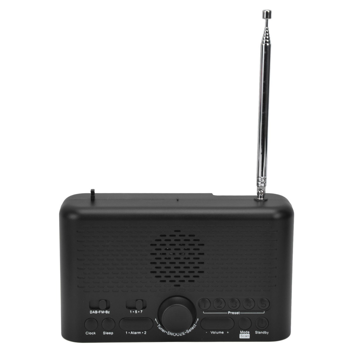 Schwarzes Radio mit Antenne. Tasten für Uhr, Sleep und Voreinstellung. Lautsprecher und Display sichtbar.