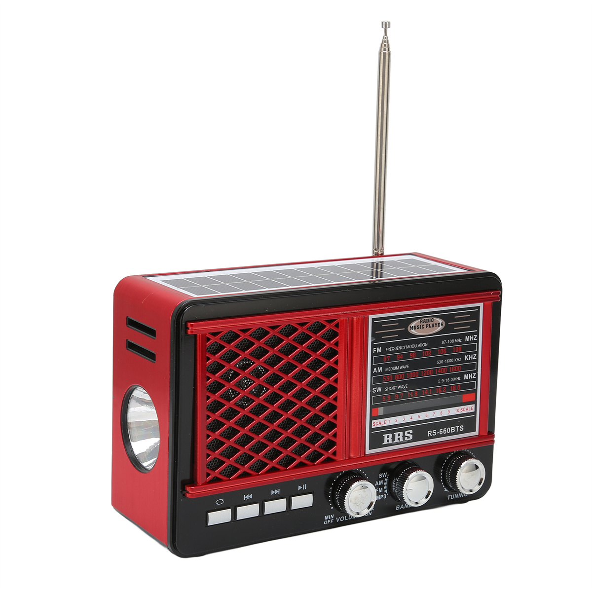 Rotes und schwarzes Retro-Radio mit Solarpanel und Antenne. Verschiedene Drehregler und Knöpfe.