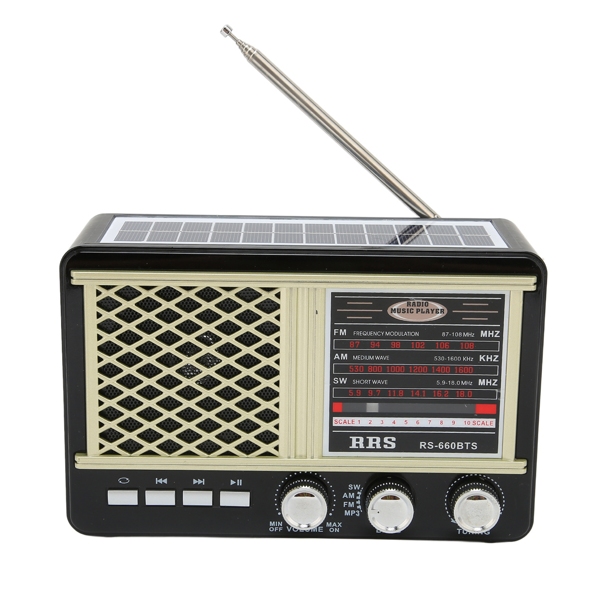 Radio im Retro-Stil mit Solarpanel, Antenne und mehreren Drehreglern auf weißer Oberfläche.