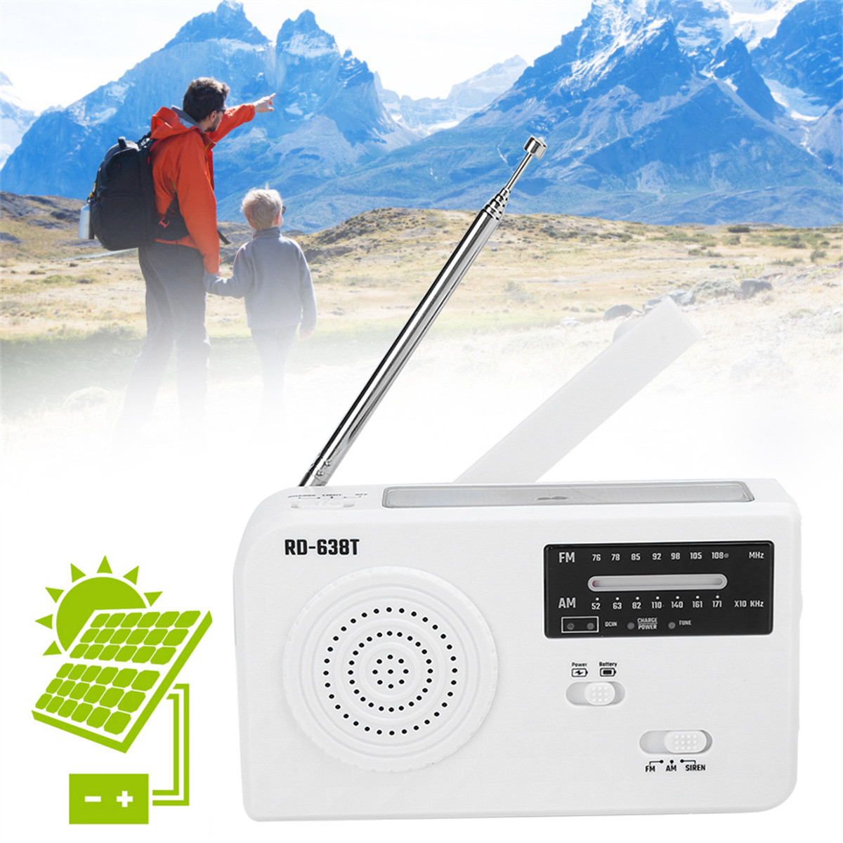 Weißes solarbetriebenes Radio mit Berg und Person im Hintergrund.