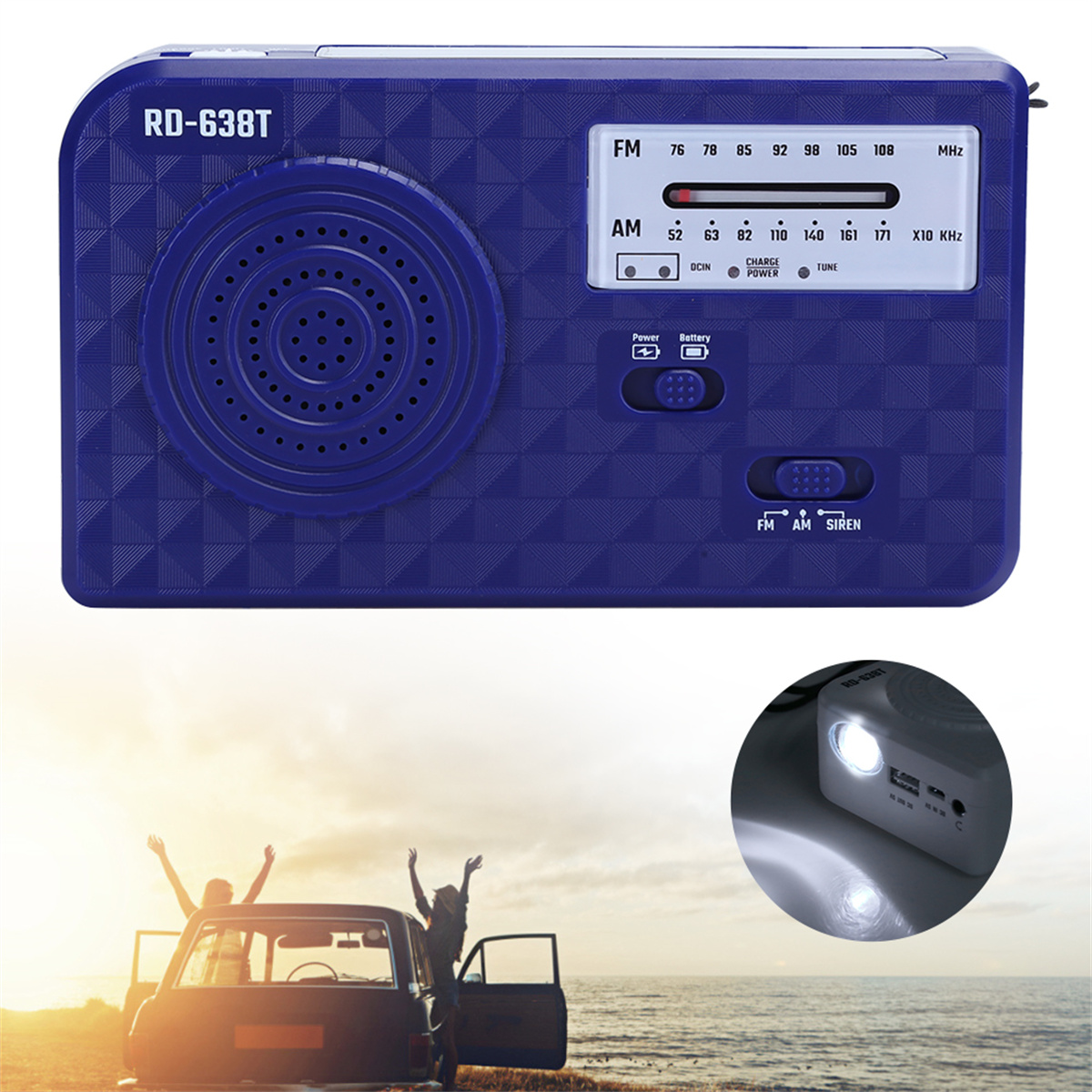 Ein blaues Retro-Radio mit UKW/MW-Reglern und ein kleines inset Bild des eingeschalteten Lichts des Radios bei Nacht.