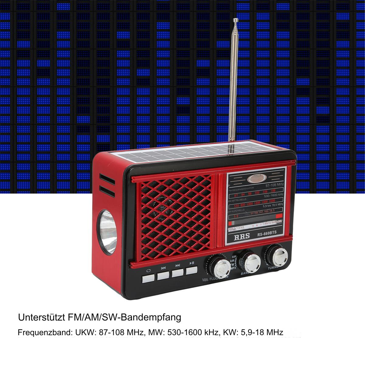 Ein rotes Radio mit schwarzem Oberteil und silberner Antenne. Zeigt einen blauen, pixeligen Hintergrund.