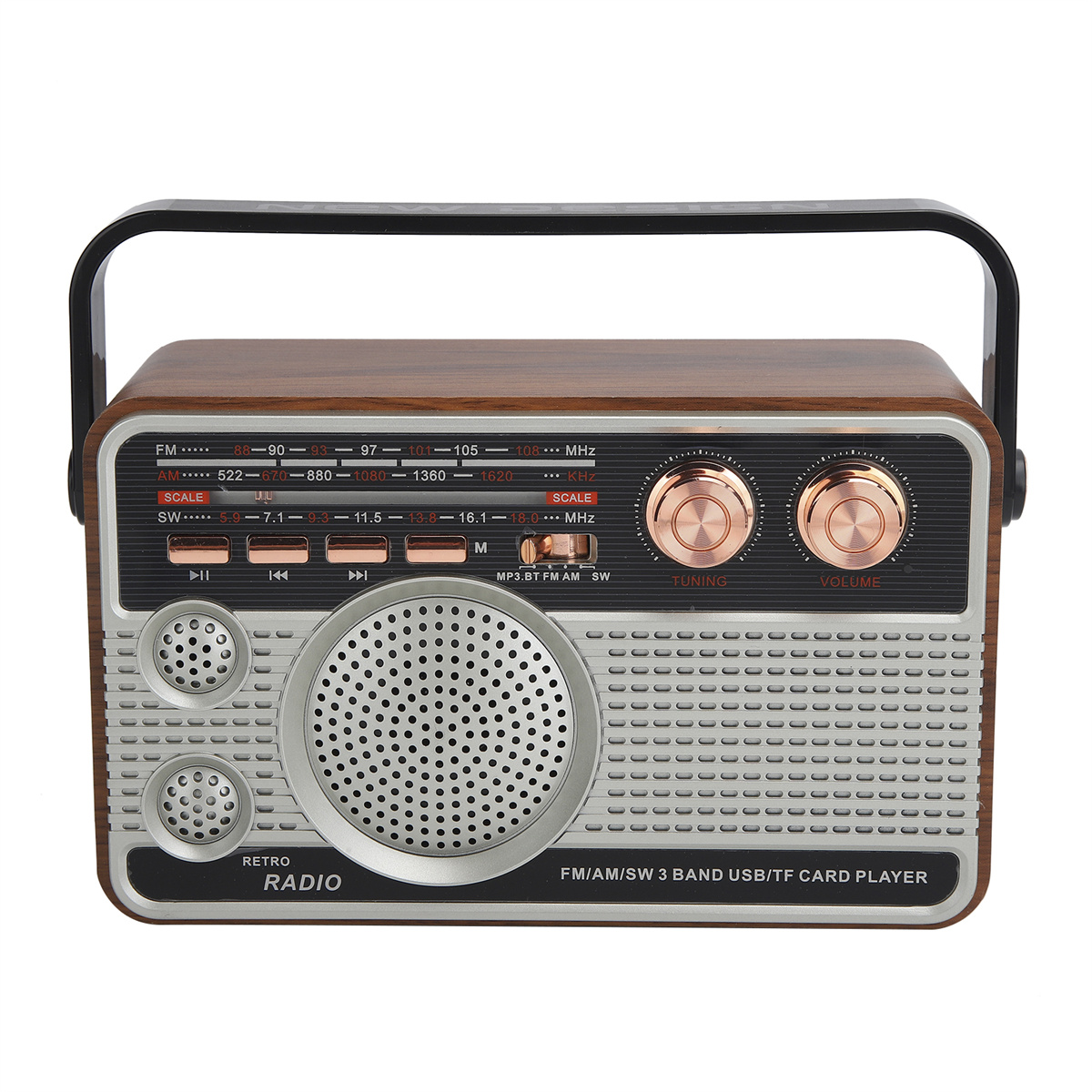 Ein Retro-Radio aus Holz mit Drehknöpfen und Tasten. Der Hintergrund ist weiß.