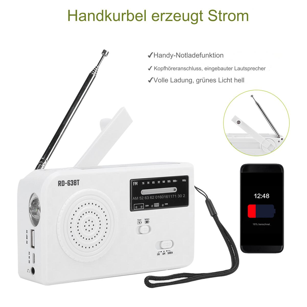 Ein weißes Radio mit schwarzer Antenne, ein Telefon und Text über Notfallaufladung.