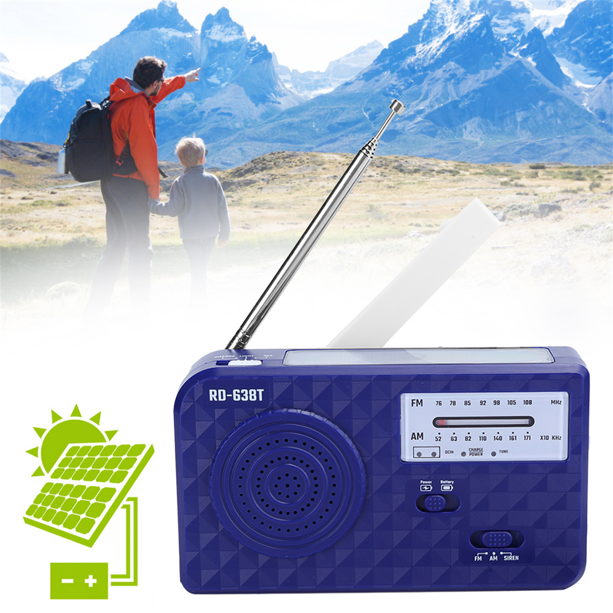 Blaues solarbetriebenes Radio mit Antenne und Solarpanel-Grafik.