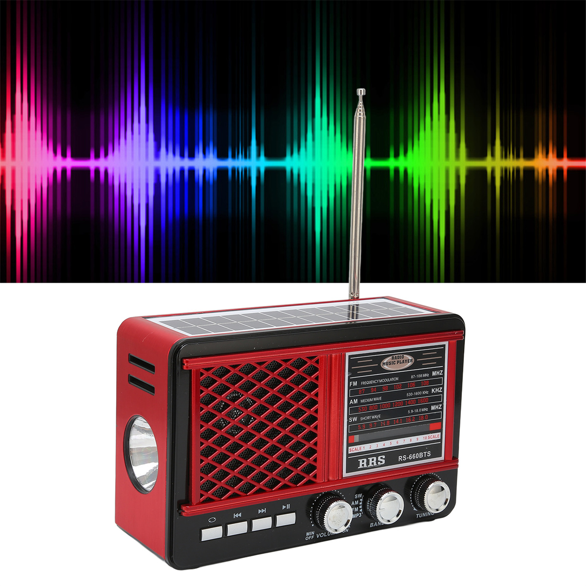 Ein rotes Radio mit Solarpanel und farbenfrohem Spektrum-Hintergrund.