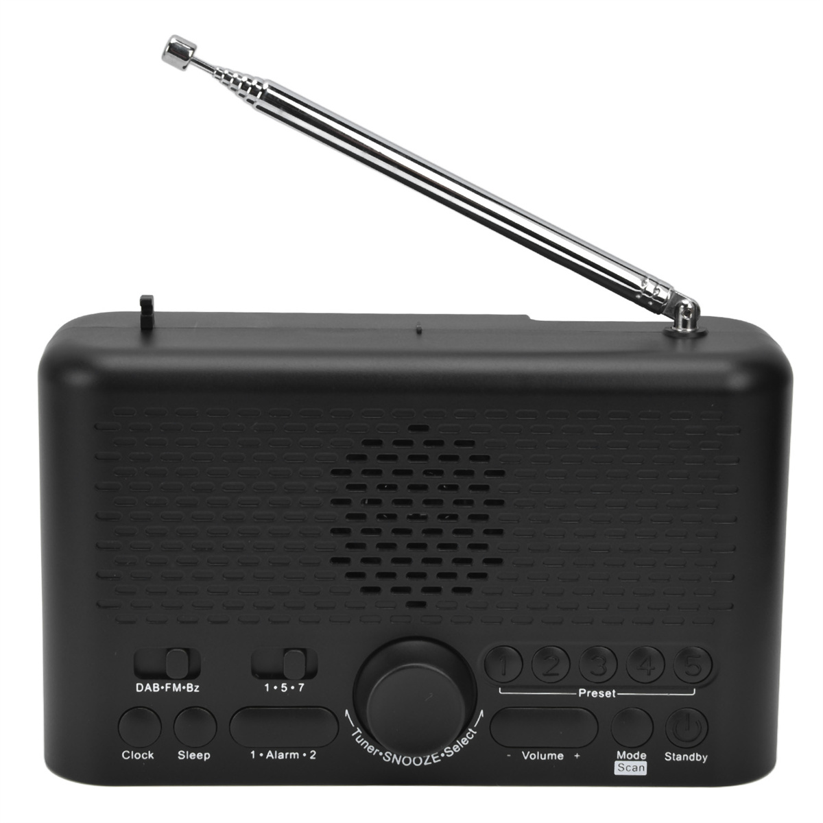 Ein schwarzes Radio mit Antenne und Knöpfen. Das Radio steht vor weißem Hintergrund.