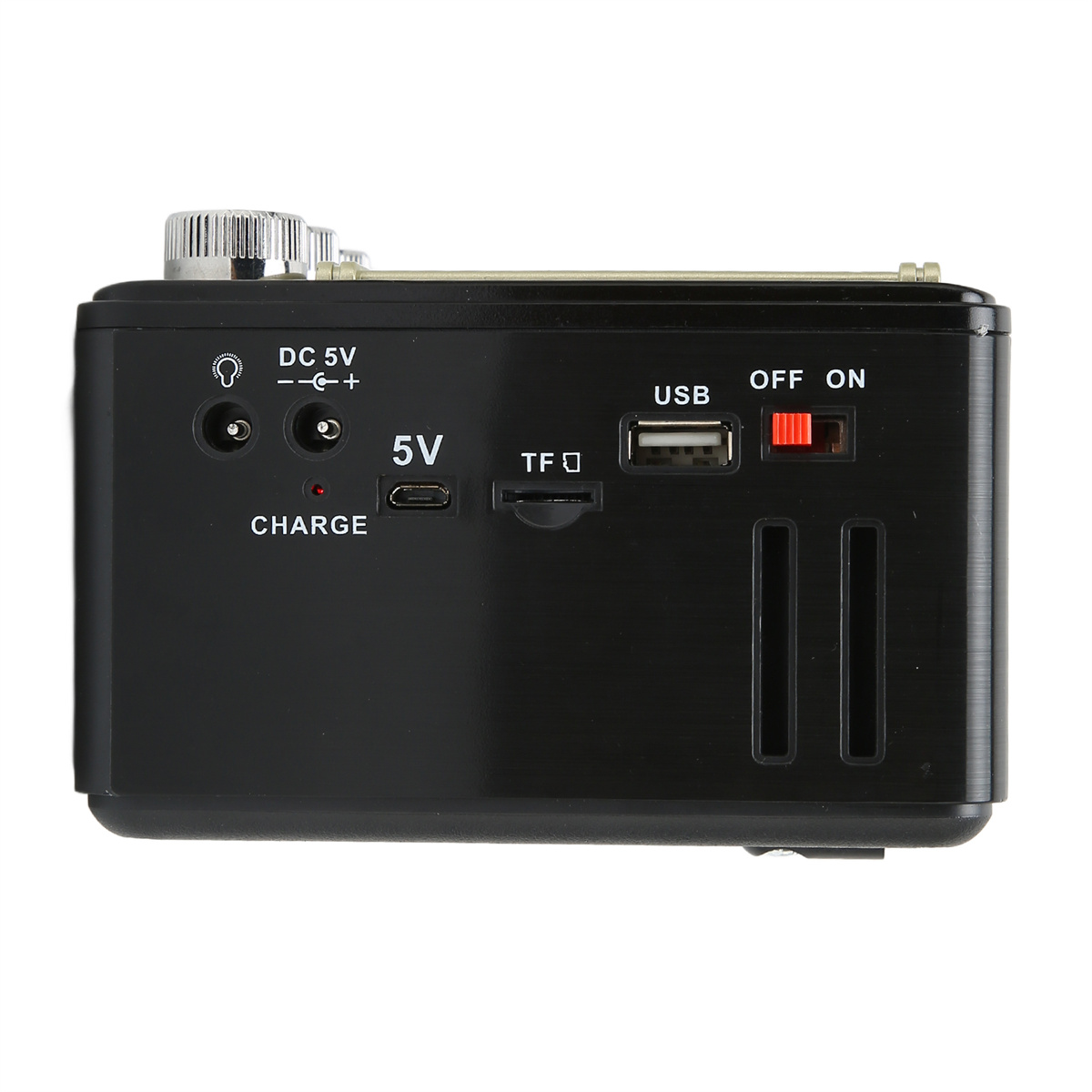 Ein schwarzes tragbares Radio mit USB-, TF-Karten- und Ladeeingängen sowie einem Ein-/Ausschalter.