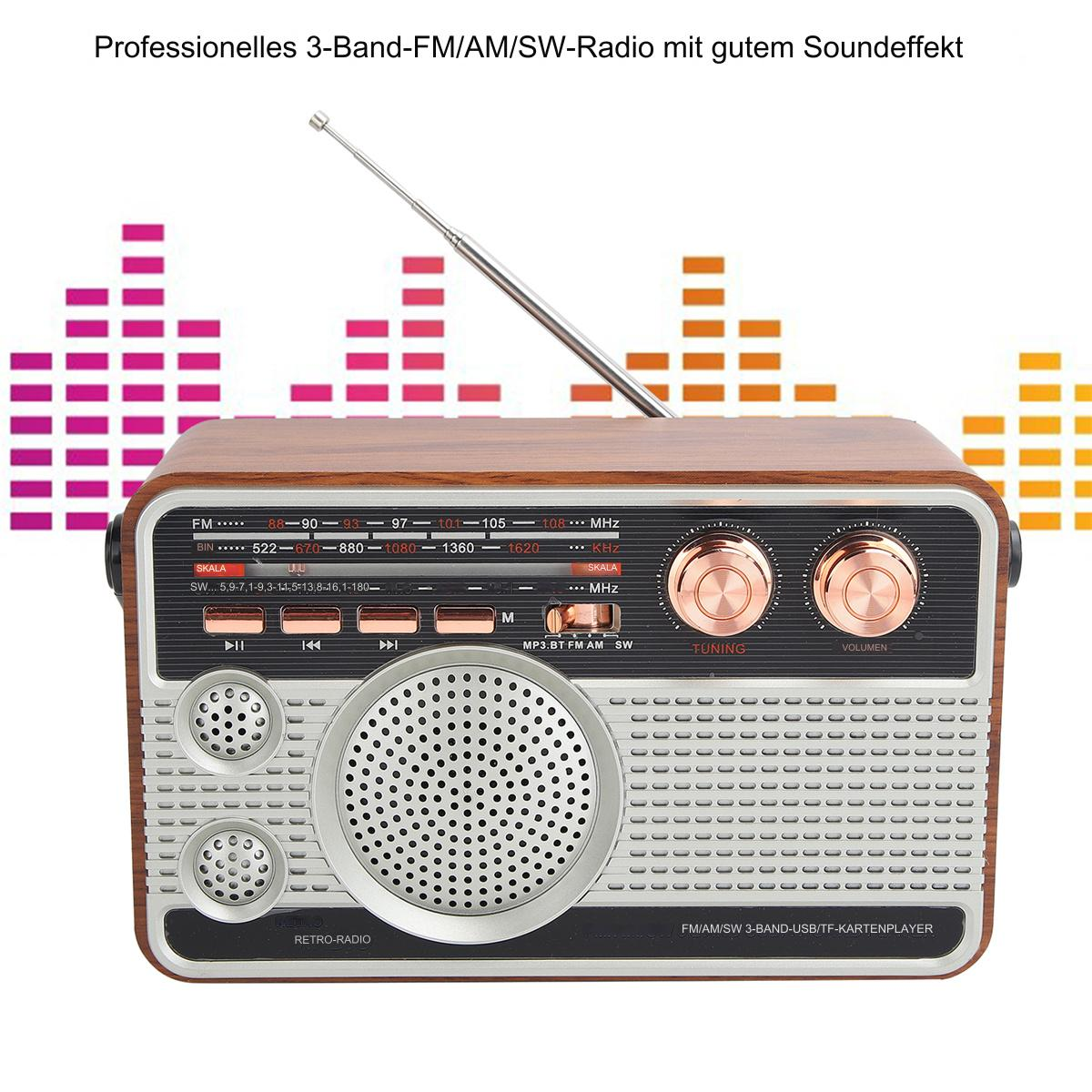 Retro-Radio mit Knöpfen, Antenne und Lautsprecher, auf Hintergrund mit Schallwellen.