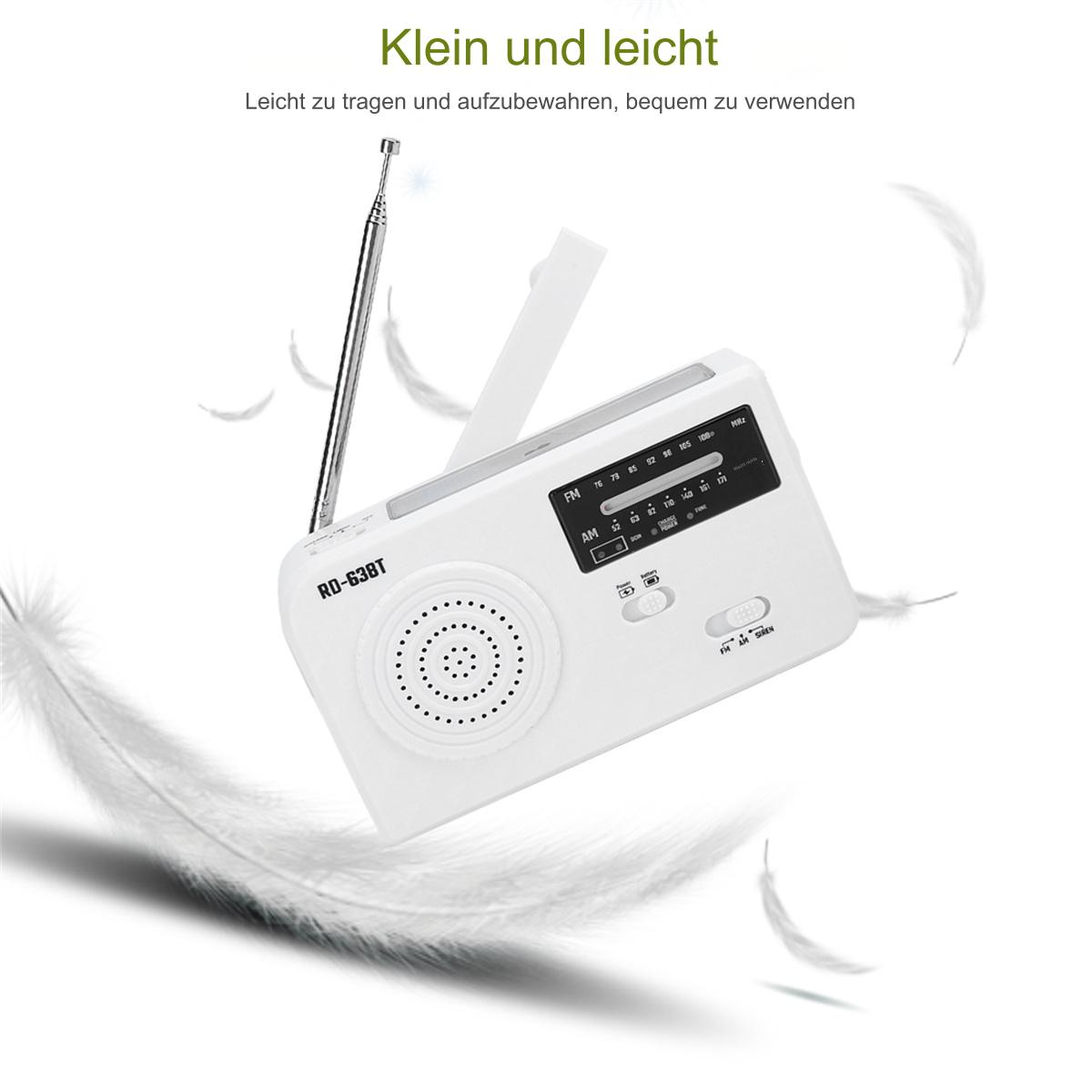 Weißes tragbares Radio mit Antenne, umgeben von Federn. Text: "Klein und leicht".