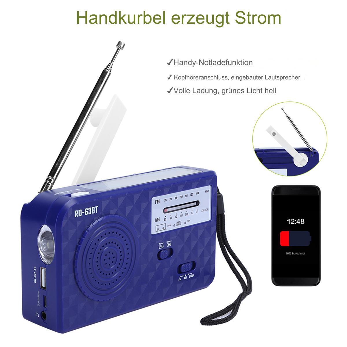 Ein blaues Radio mit Antenne und ein Telefon, das geladen wird. Text: Handkurbel erzeugt Strom.