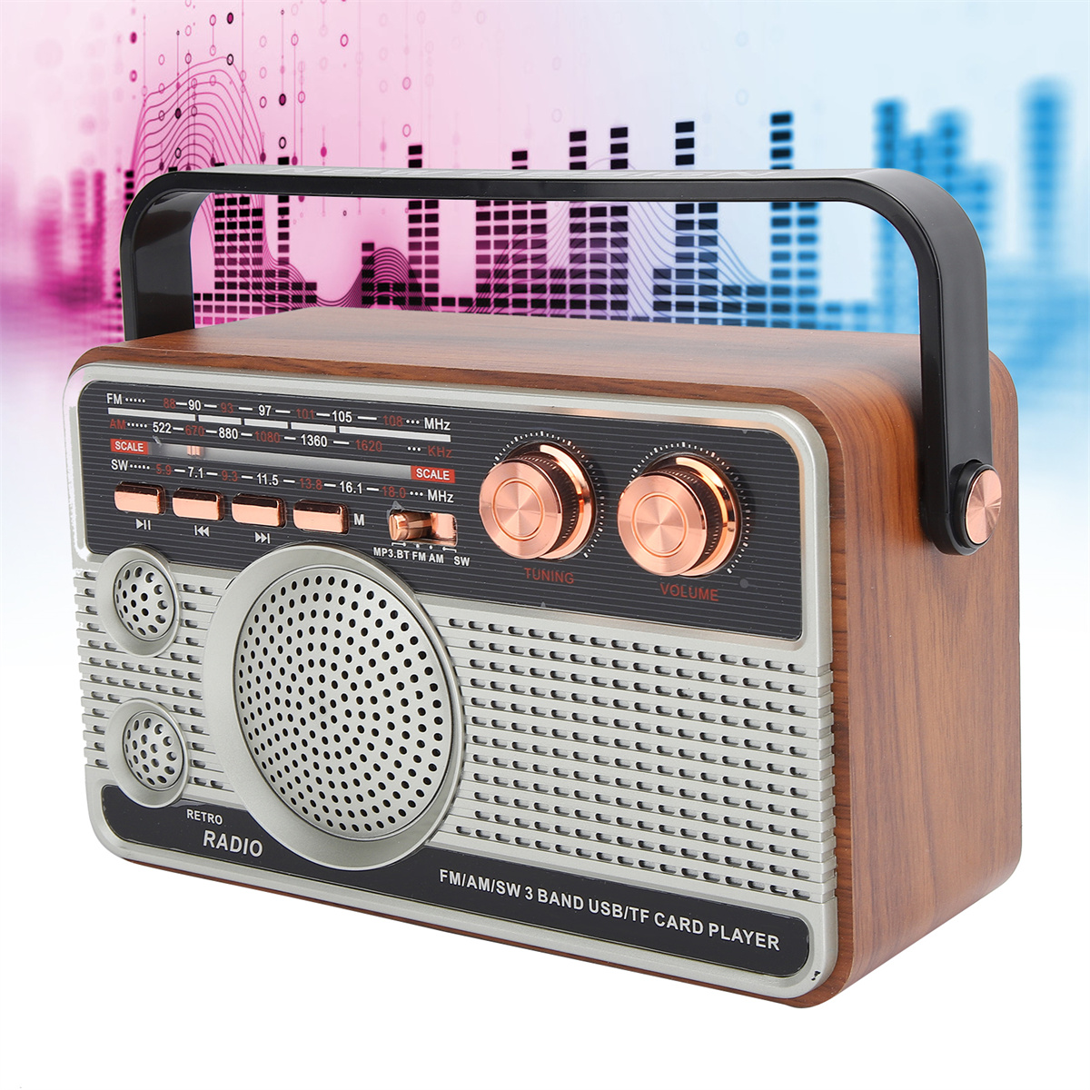 Retro-Radio mit Holzmaserung und Metallic-Akzenten. Mit Drehreglern für Tuning und Lautstärke. Mit Tragegriff.