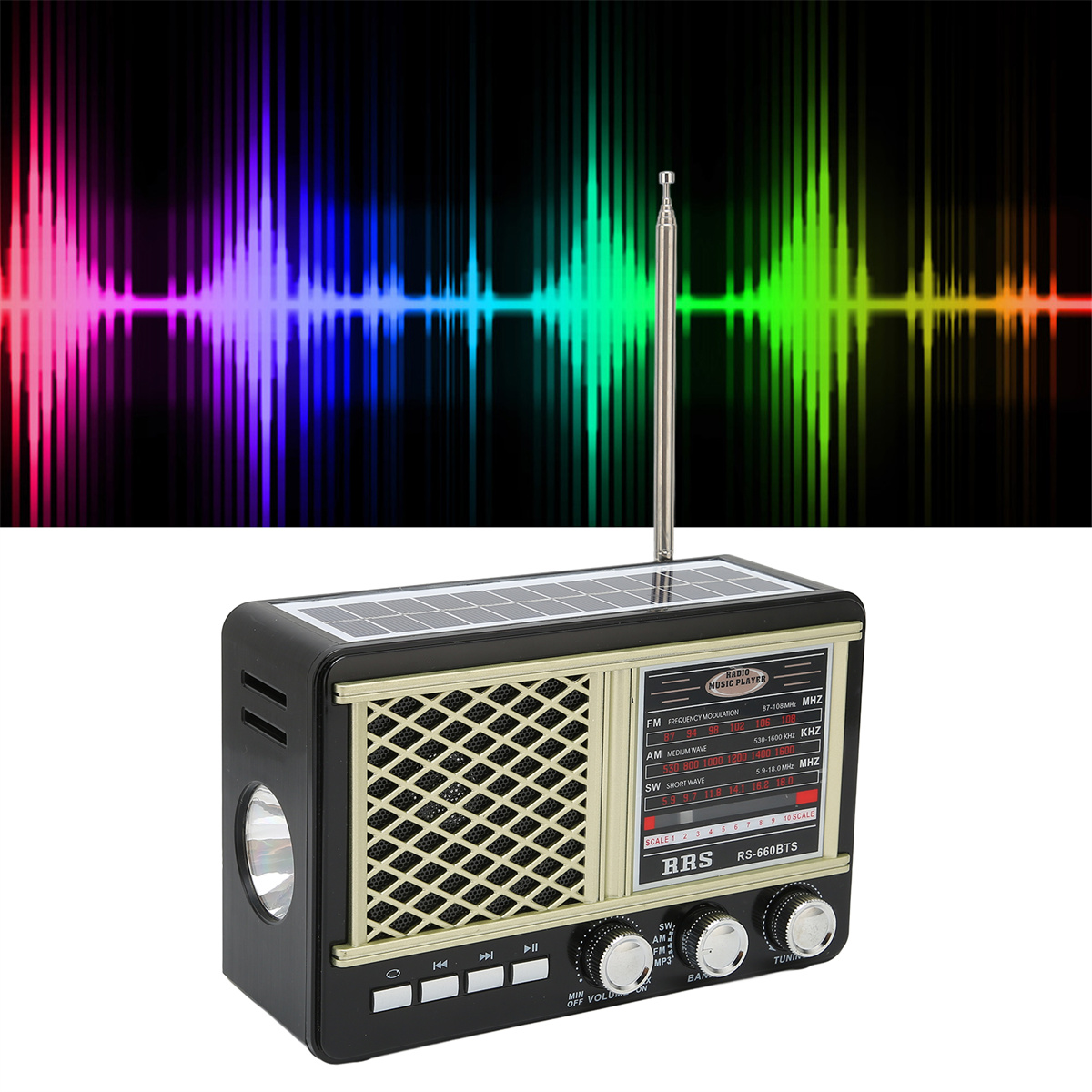 Ein solarbetriebenes Radio mit Lautsprecher und Knöpfen sowie einer Schallwellen-Grafik.