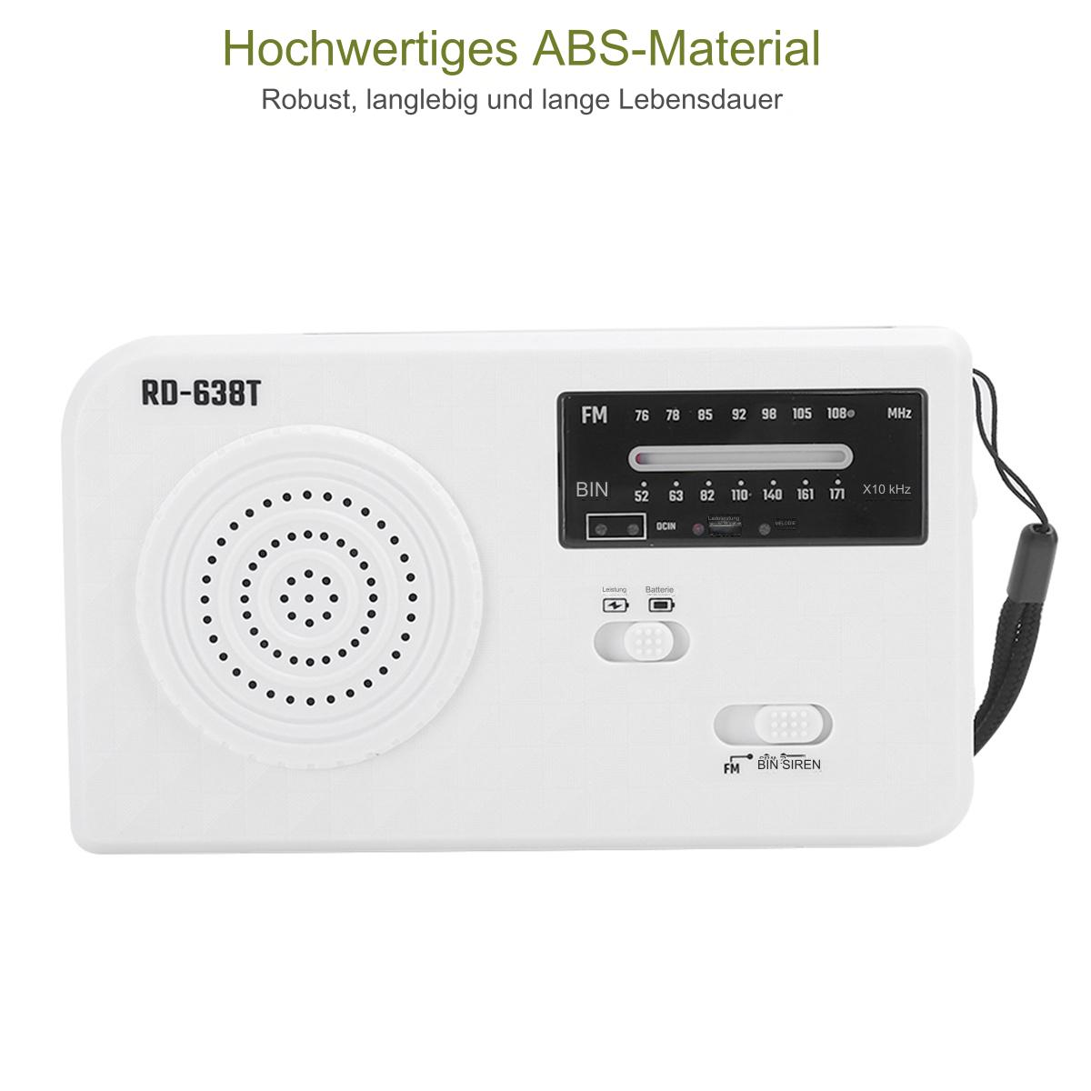 Ein weißes Radio mit Knöpfen und einem FM/BIN/SIREN-Schalter. Der Lautsprecher ist links, die Antenne rechts.