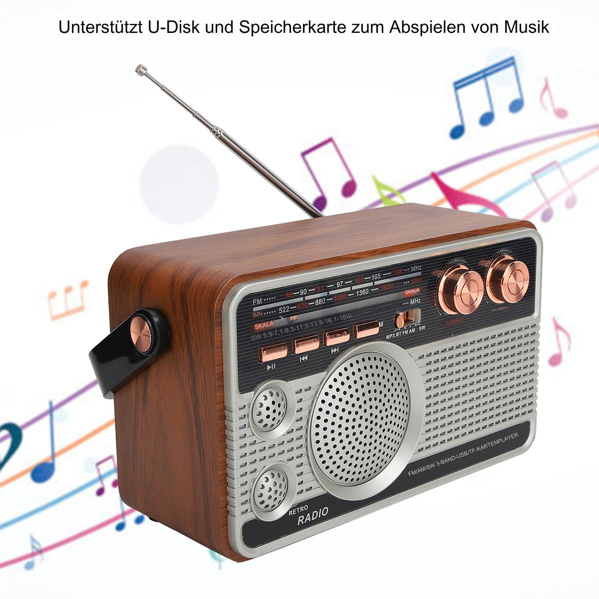 Retro-Radio aus Holz mit Antenne, Noten und Knöpfen.