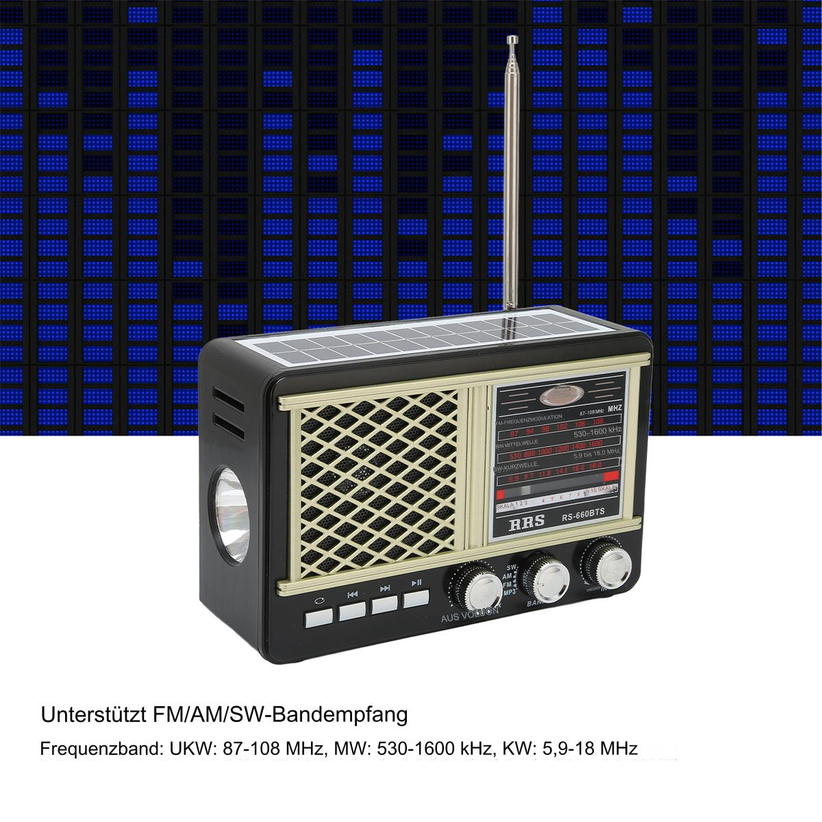 Retro-Radio mit Solarpanel. Schwarz und Silber mit Lautsprechergrill. Blauer Rasterhintergrund, Text-Overlay.