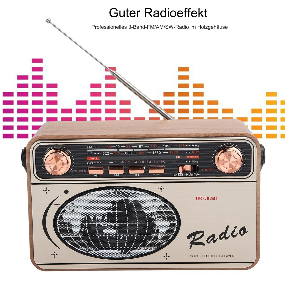 Holzradio mit Knöpfen, Lautsprecher und Display. Schallwellen im Hintergrund.