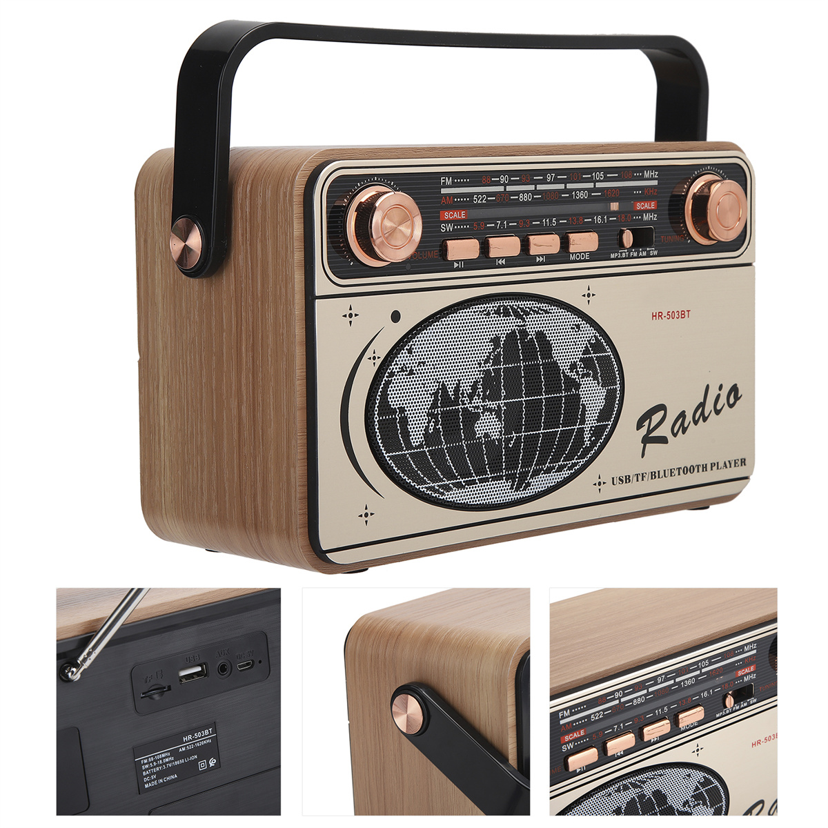 Ein Holzradio mit Griff und mehreren Knöpfen. Es ist mit dem Wort „Radio“ bedruckt.