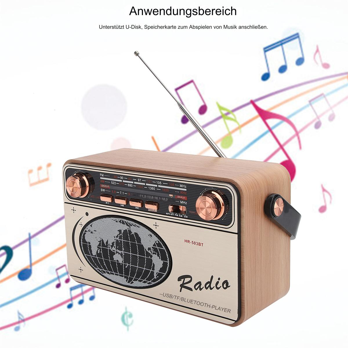Ein Holzradio mit einem Weltkarten-Zifferblatt, umgeben von Noten. Es hat eine Antenne und einen Griff.