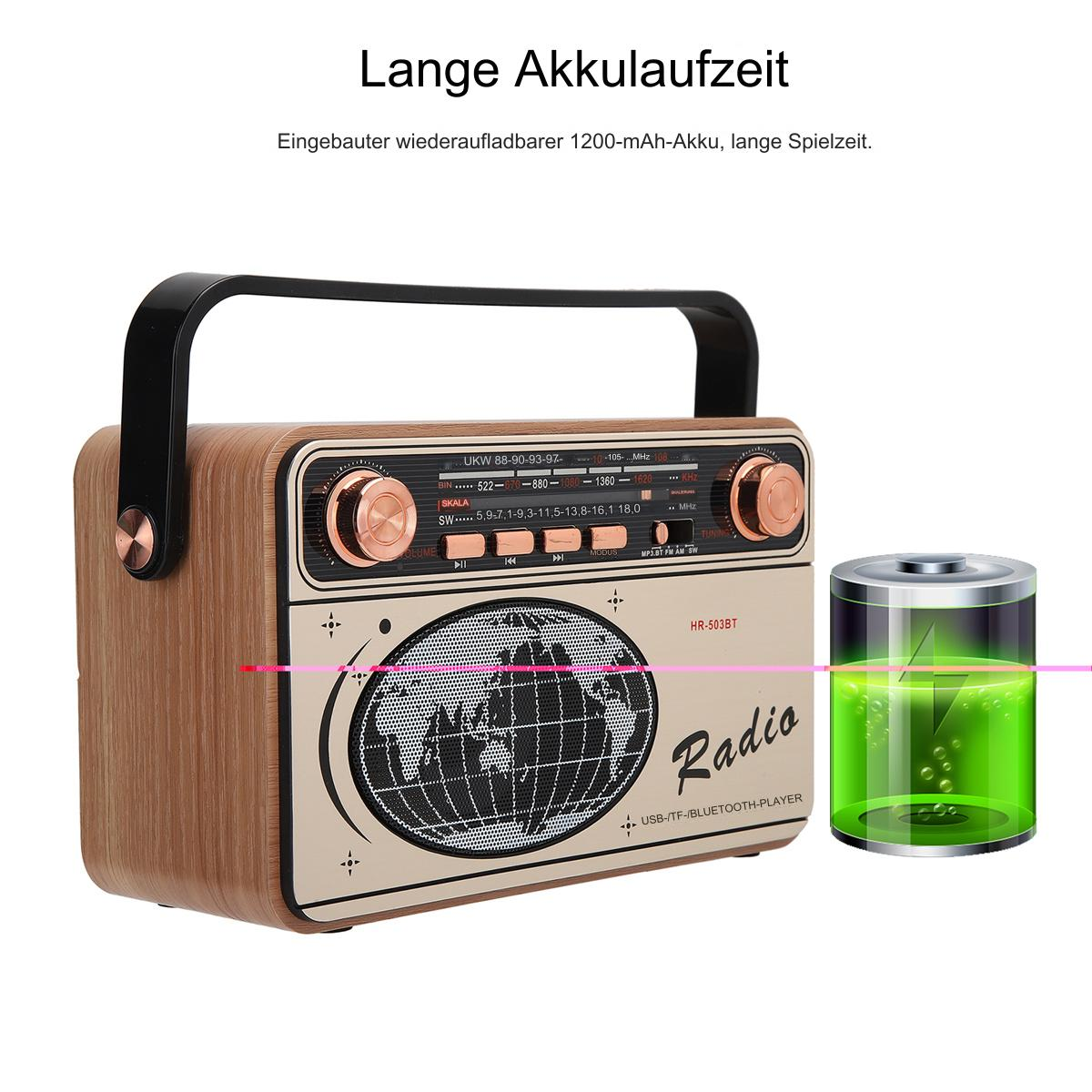 Retro-Radio aus Holz mit Akku-Symbol, das eine lange Akkulaufzeit anzeigt.