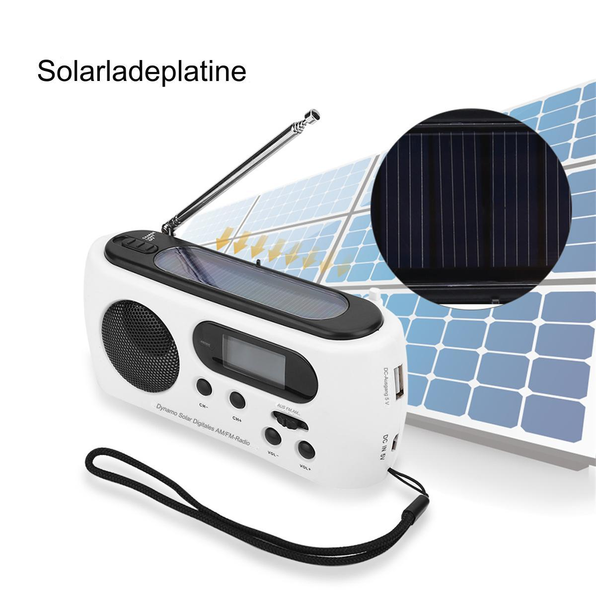Ein weißes tragbares Radio mit Solarpanel oben und eine Nahaufnahme des Solarpanels.