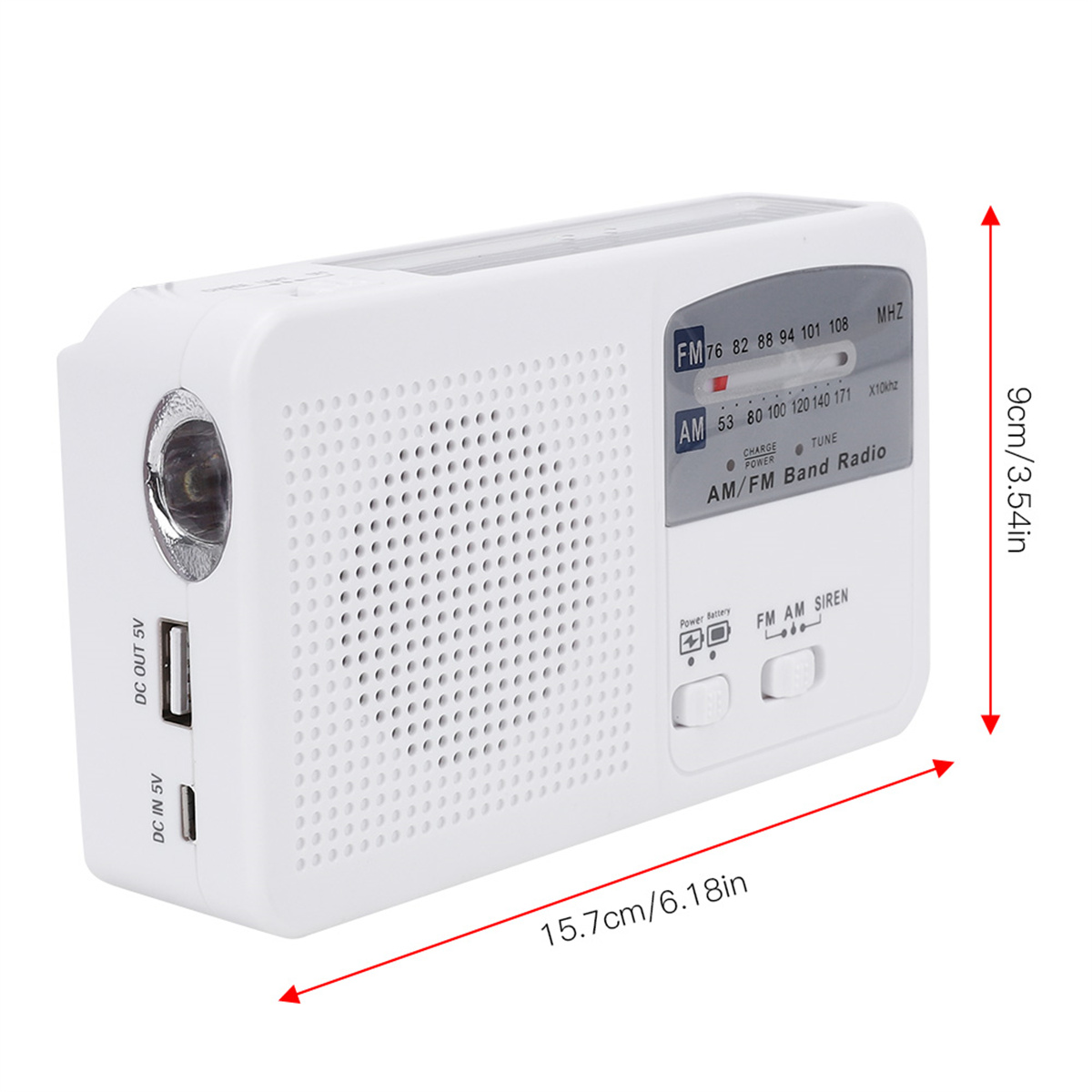 Ein weißes AM/FM-Bandradio mit Licht und Maßangaben.