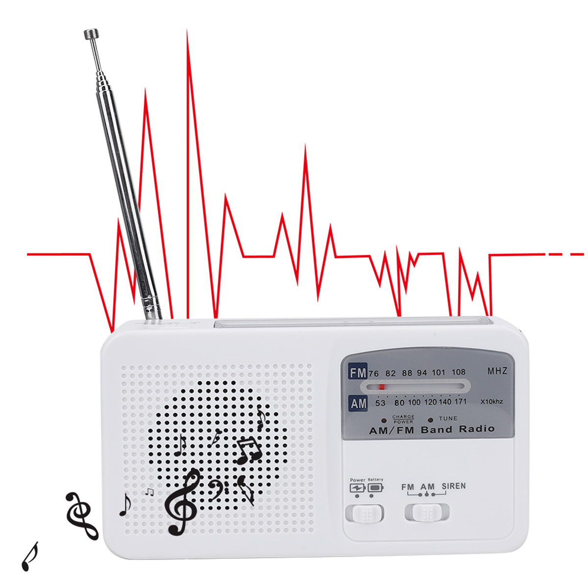 Ein weißes und graues Radio mit Antenne, mit roter Schallwellengrafik.