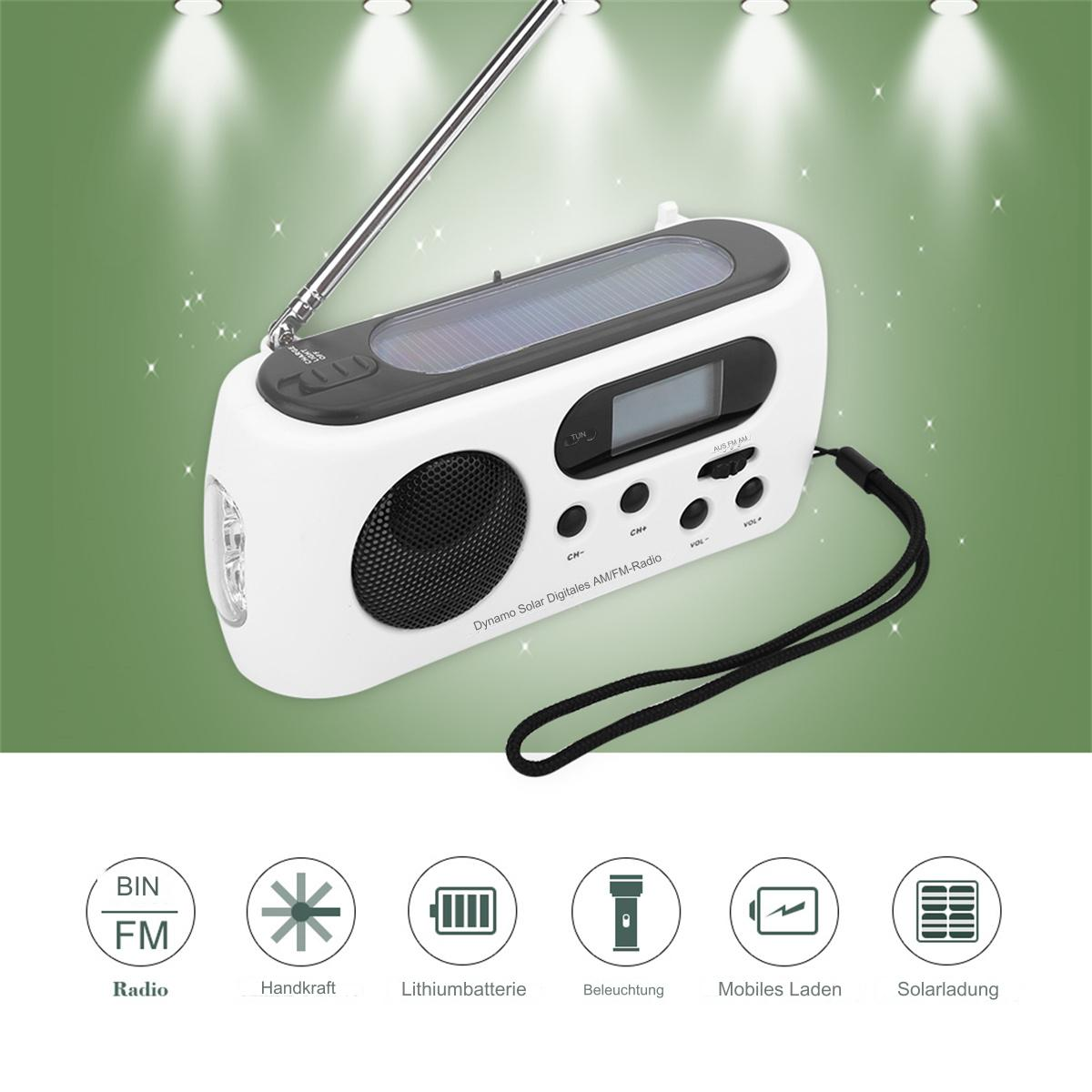 Weißes und schwarzes Radio mit Solarpanel und Antenne. Verschiedene Symbole umgeben es, was Funktionen impliziert.