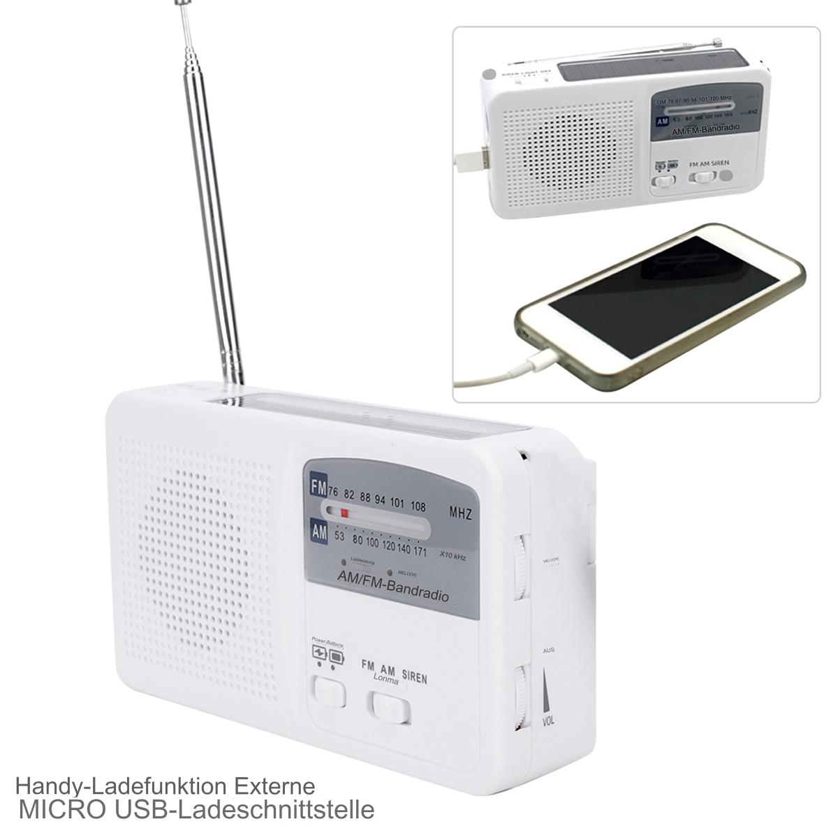 Ein weißes Radio mit Bildschirm, mit einem Telefon und einem weiteren Radio daneben.