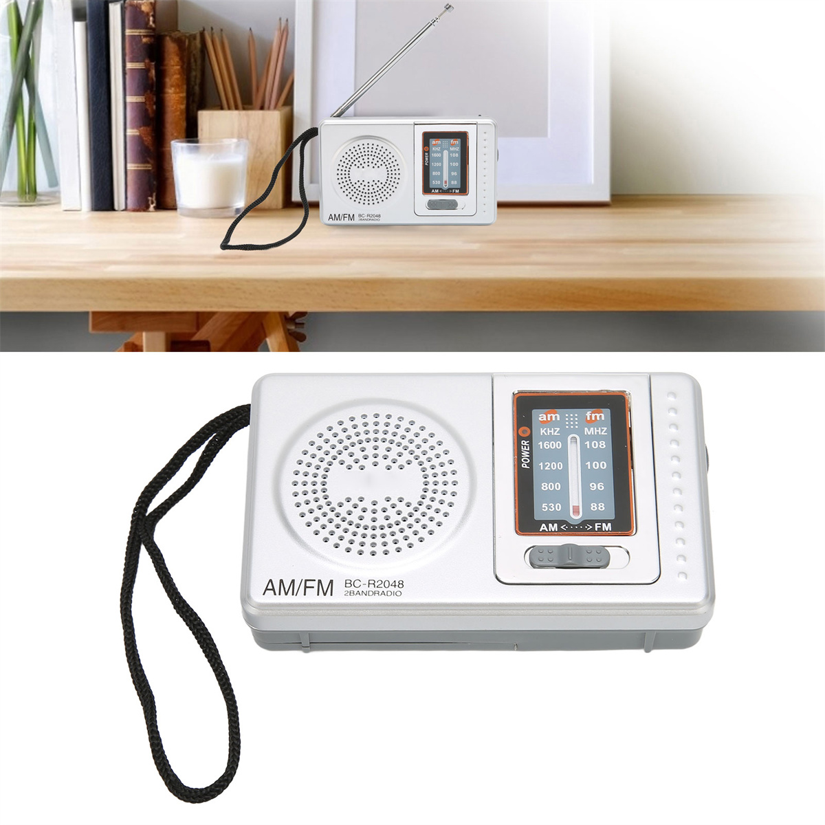 Ein weißes Radio mit schwarzem Kabel auf einer Holzoberfläche mit einem gerahmten Bild dahinter.