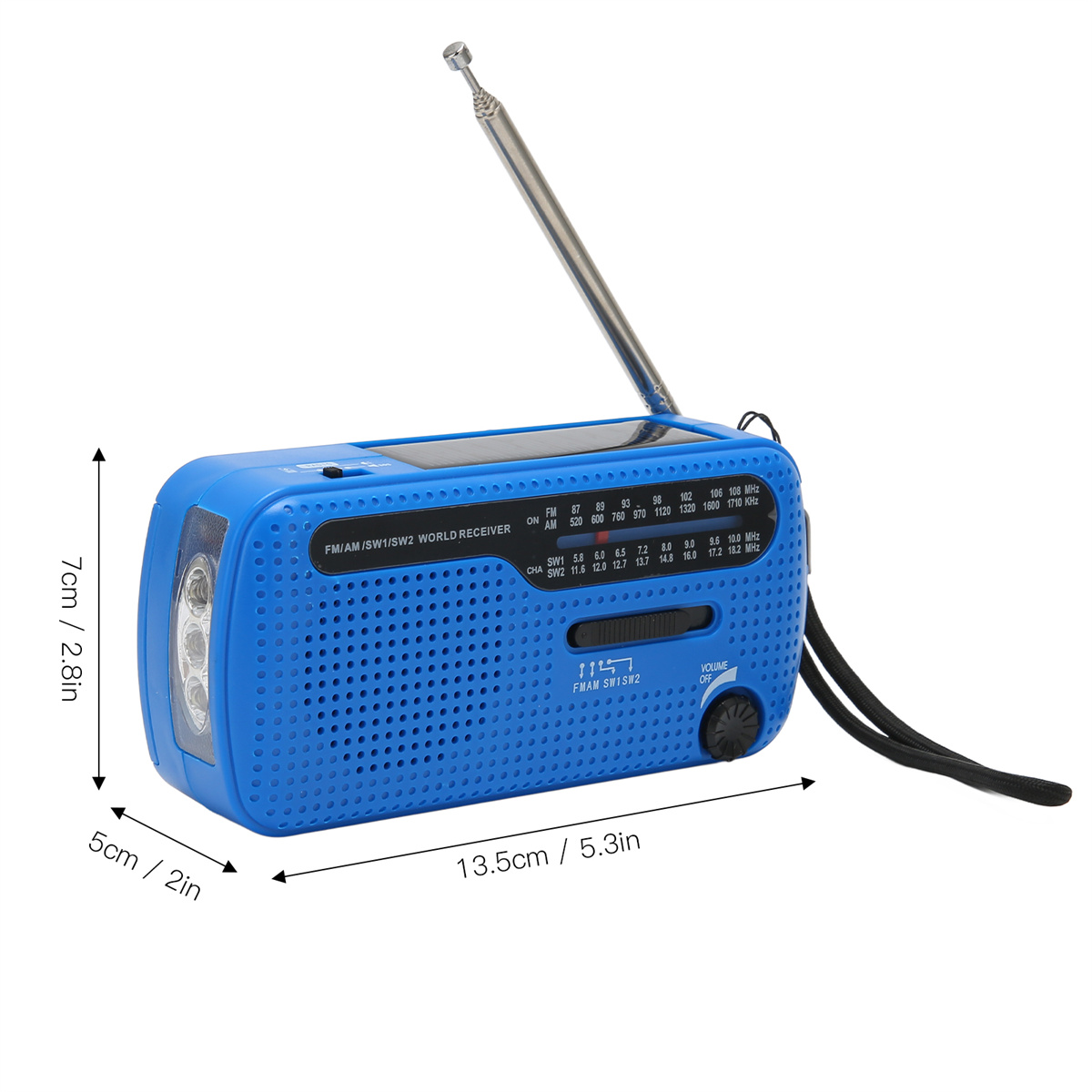 Ein blau-schwarzes Radio mit Maßangaben. Es hat eine Antenne und ein Licht.