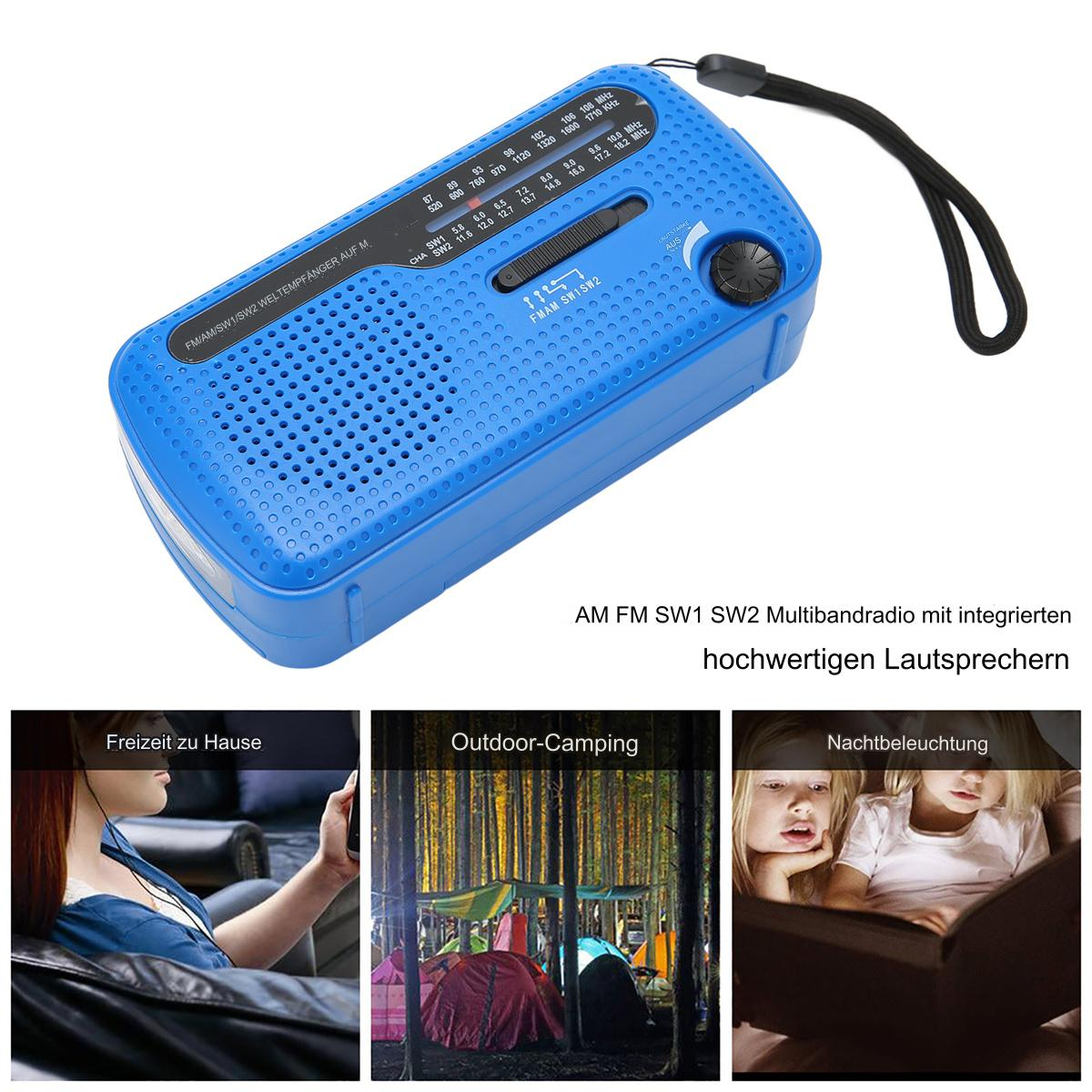 Ein blaues Radio mit schwarzem Riemen, mit drei kleinen Bildern, die die Verwendung zu Hause, beim Camping und in der Nacht anzeigen.
